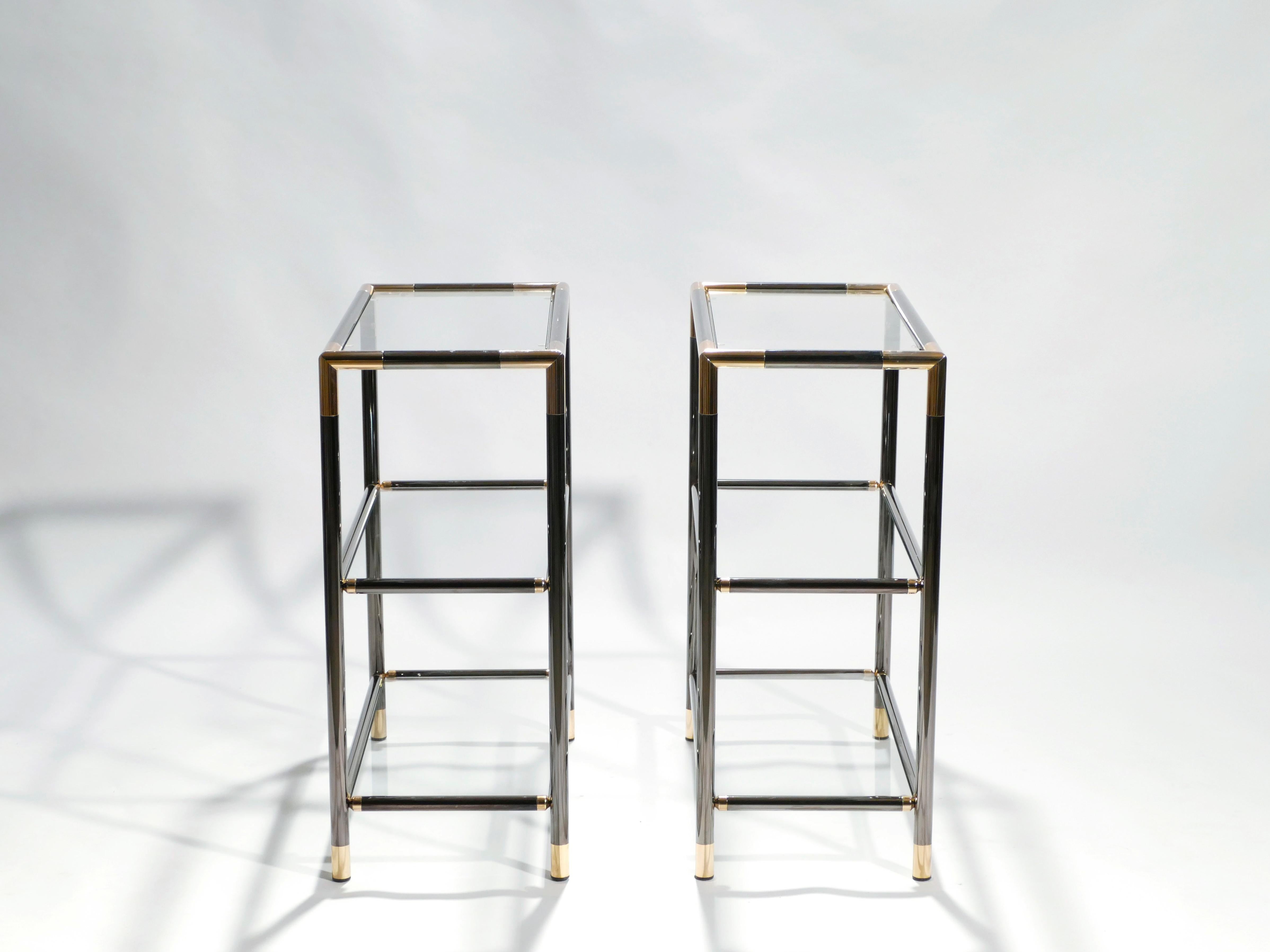 Late 20th Century Pair of French Gunmetal and Brass Three-Tiered Shelves, 1970s