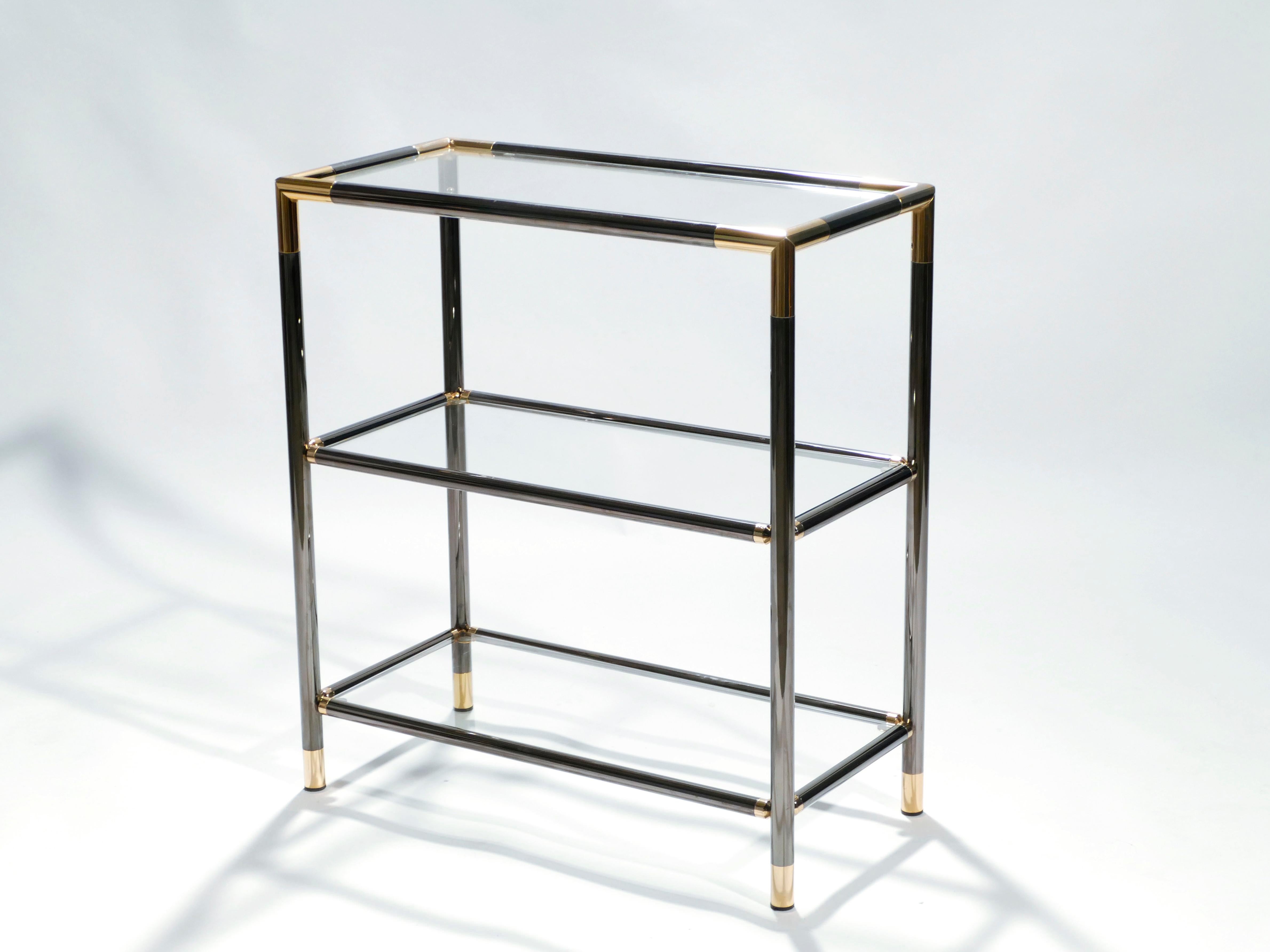Metal Pair of French Gunmetal and Brass Three-Tiered Shelves, 1970s