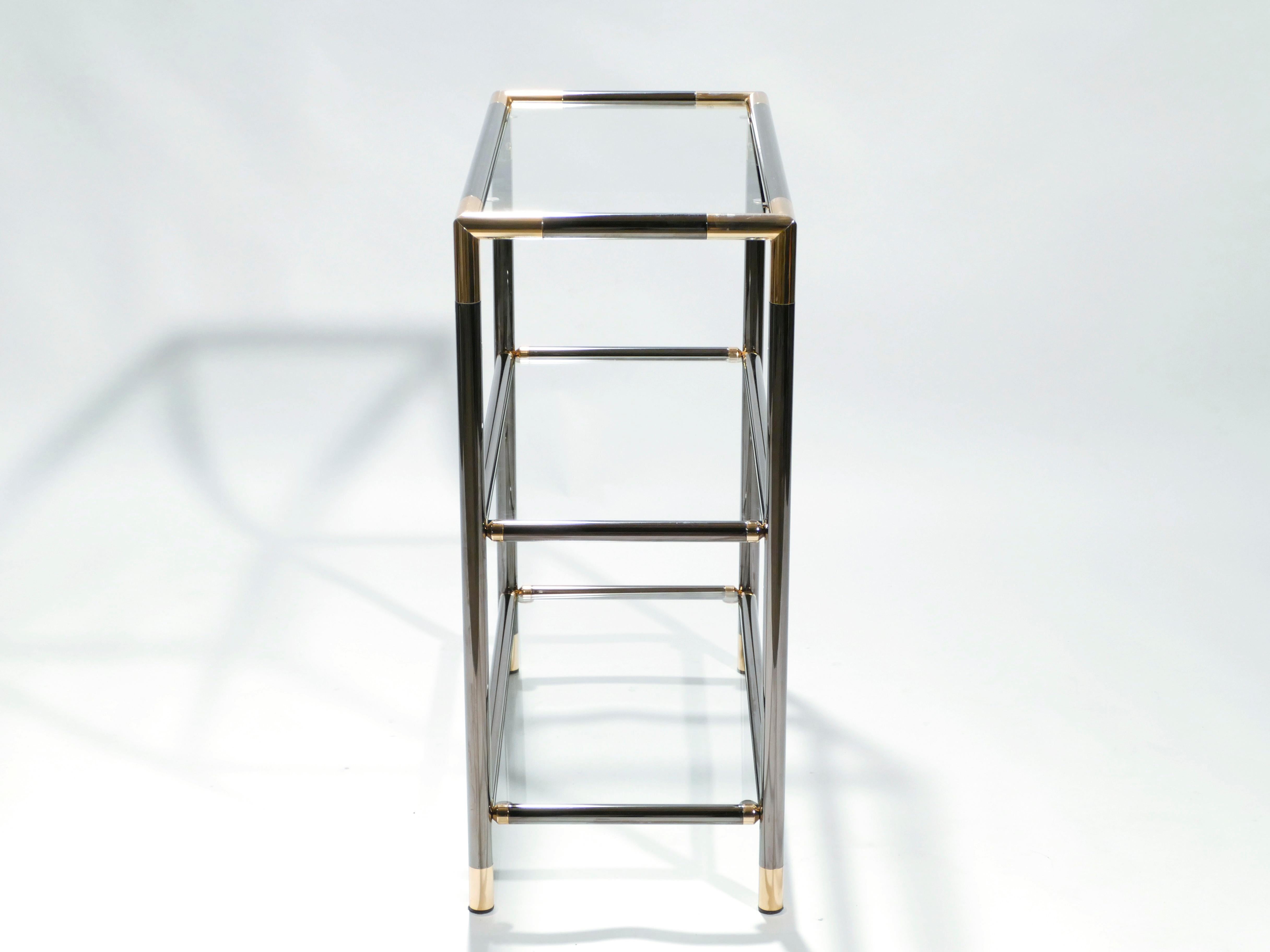 Pair of French Gunmetal and Brass Three-Tiered Shelves, 1970s 1