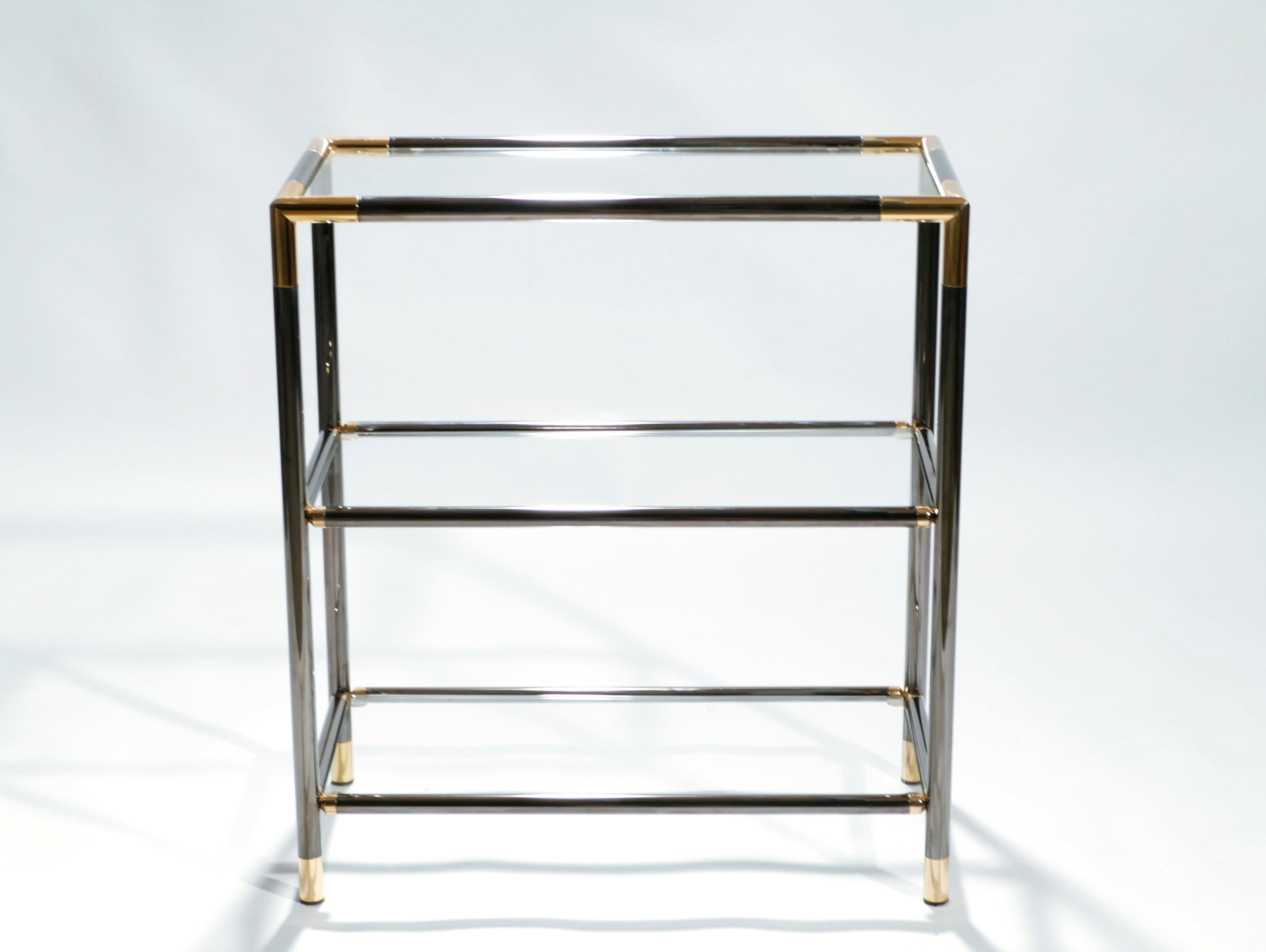 Pair of French Gunmetal and Brass Three-Tiered Shelves, 1970s 2