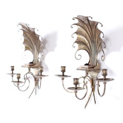 Pair of French Hammered Brass Three Light Wall Sconces
