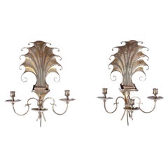 Pair of French Hammered Brass Three Light Wall Sconces