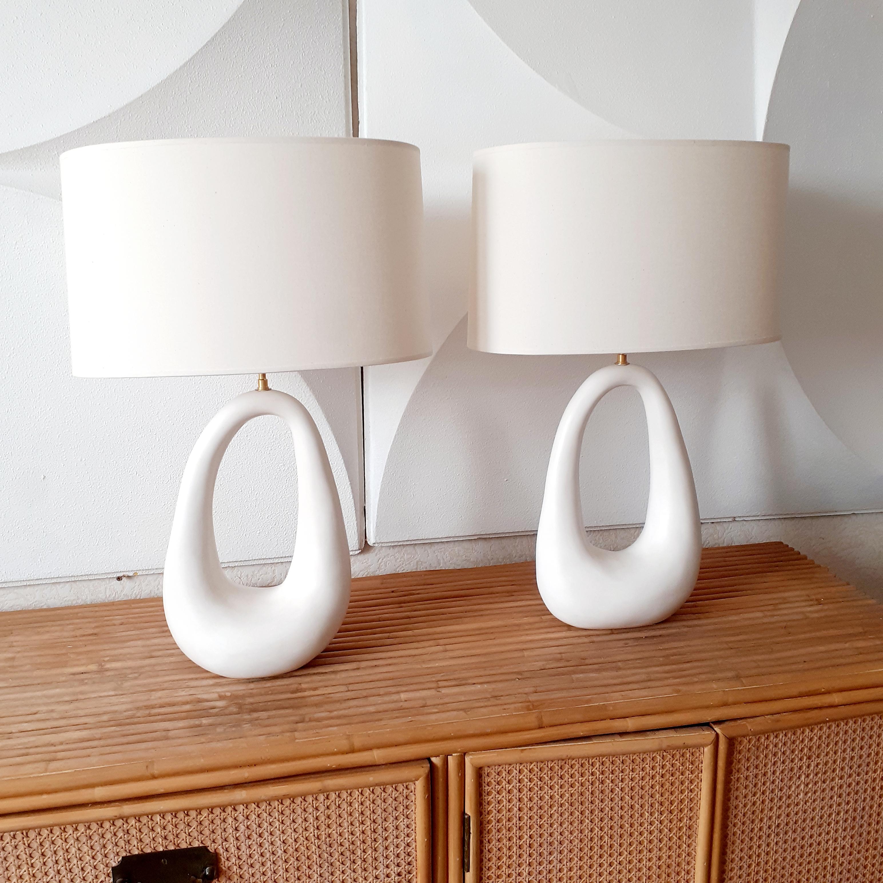 Pair of French Hand-Build Ceramic Lamps with Shade For Sale 2