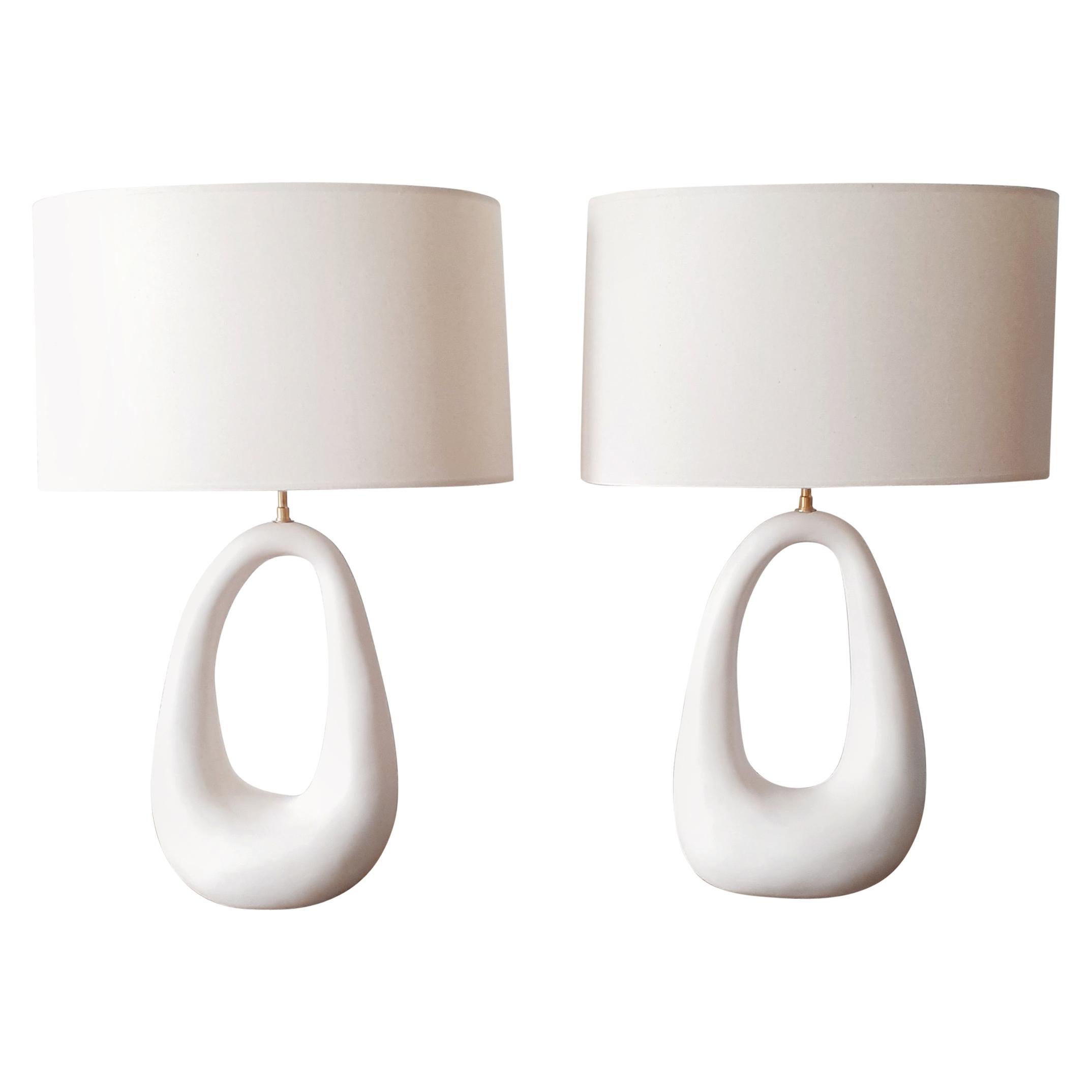 Pair of French Hand-Build Ceramic Lamps with Shade For Sale