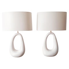 Pair of French Hand-Build Ceramic Lamps with Shade