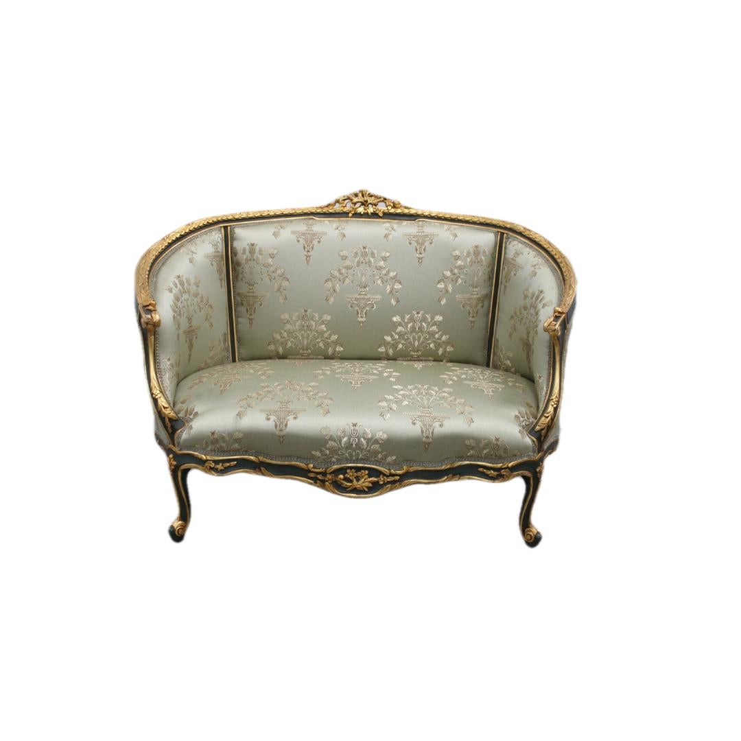 Magnificent French Hand Carved & Gilded Settees Upholstered in Silk