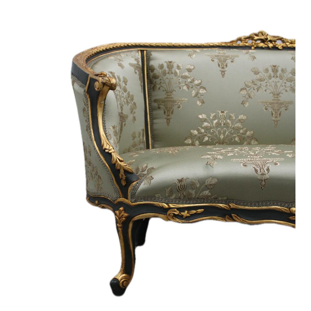 Pair of French Hand Carved & Gilded Settees Upholstered in Silk  For Sale 1