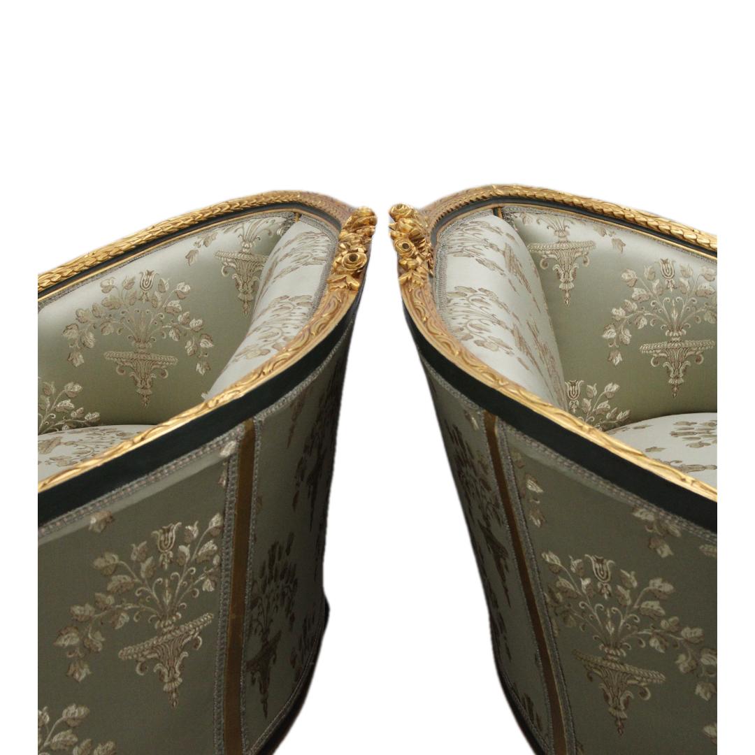 Pair of French Hand Carved & Gilded Settees Upholstered in Silk  For Sale 2