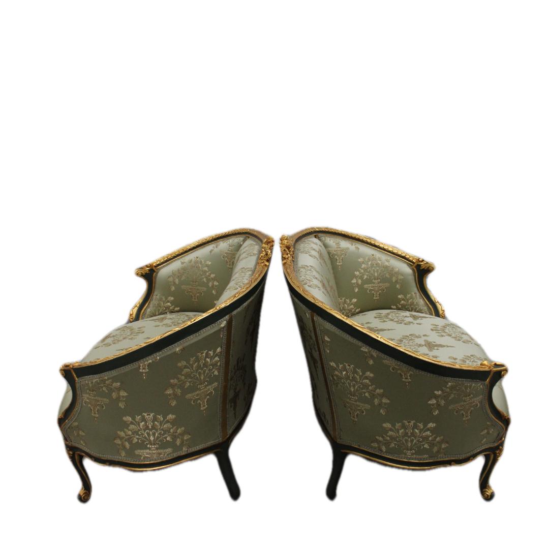 Pair of French Hand Carved & Gilded Upholstered Settees   For Sale 2