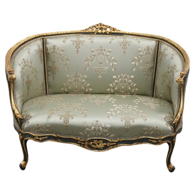 Pair of French Hand Carved & Gilded Settees Upholstered in Silk  For Sale