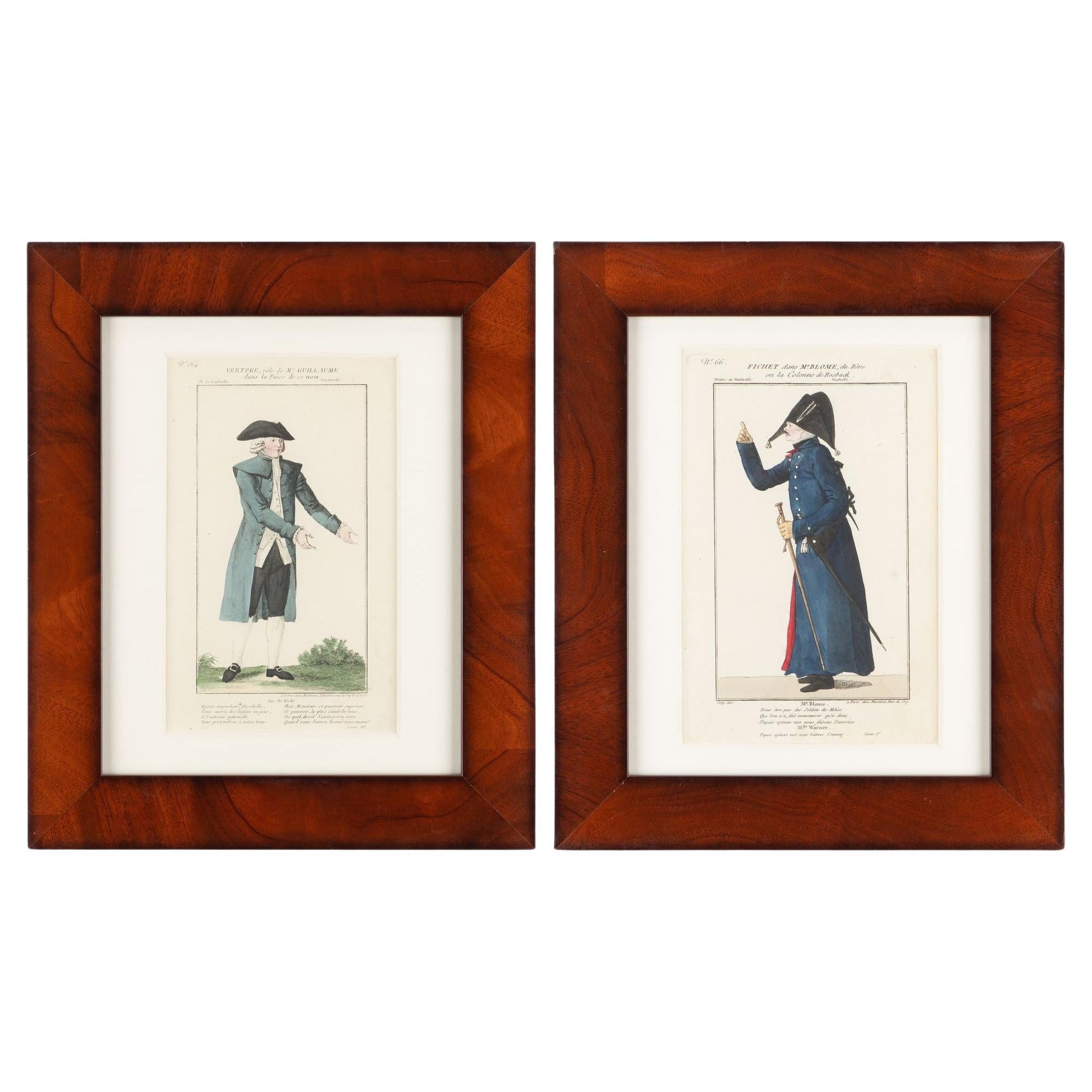 Pair of French hand colored theatrical engravings, c. 1800 For Sale