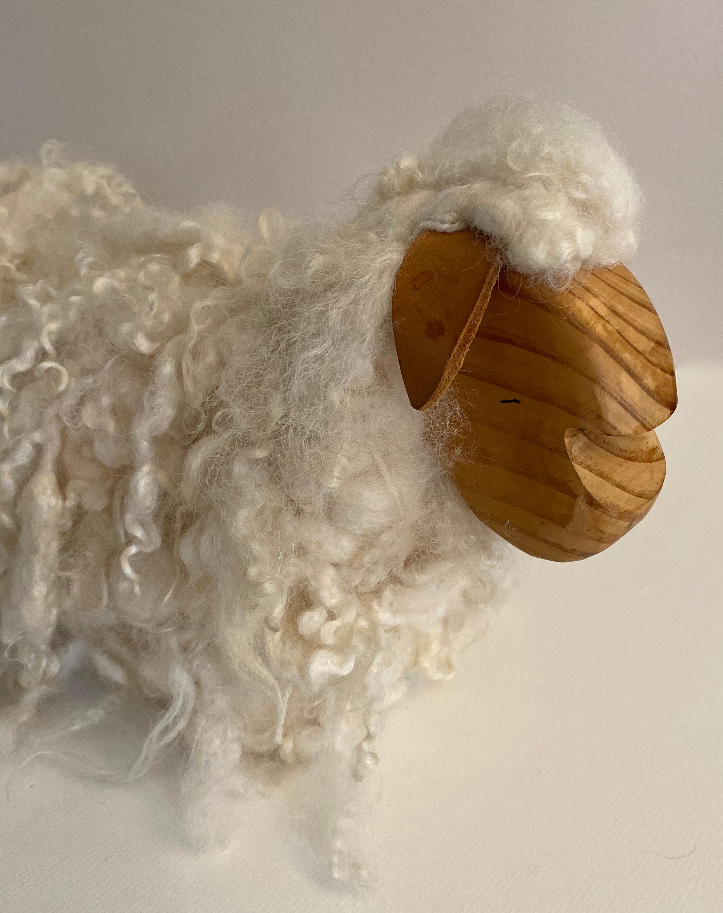 Pair of French Handcrafted Wood and Wool Decorative Sheep For Sale 8