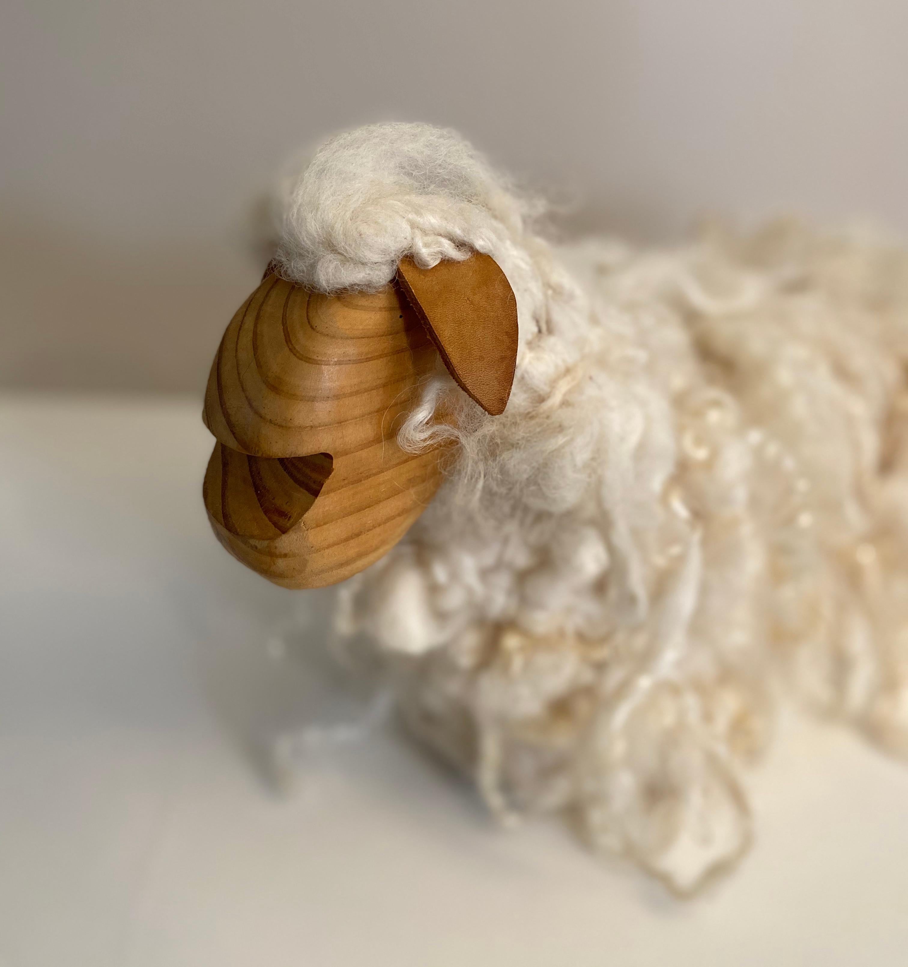 Pair of French Handcrafted Wood and Wool Decorative Sheep For Sale 9