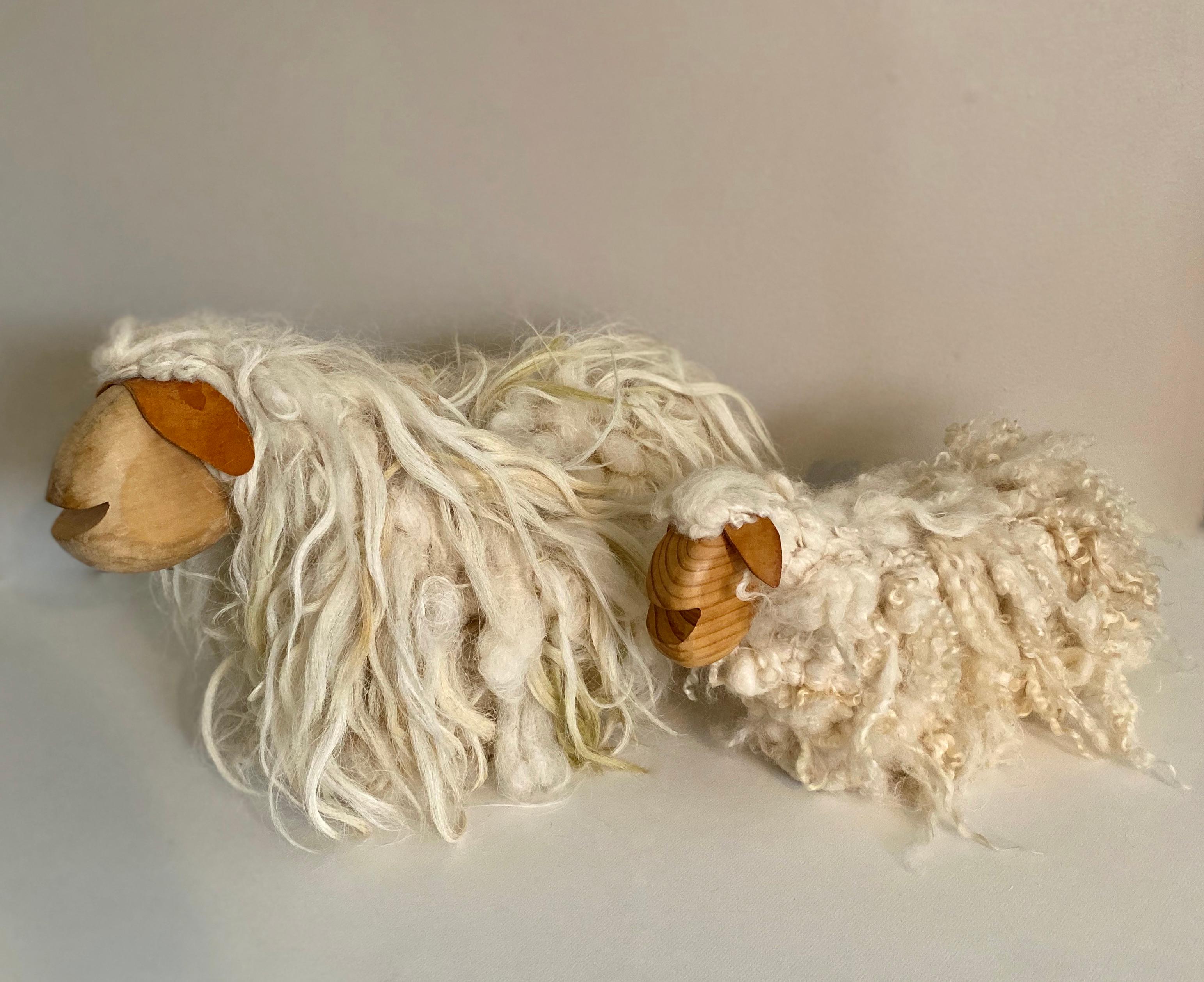 Pair of French Handcrafted Wood and Wool Decorative Sheep In Good Condition For Sale In Dallas, TX