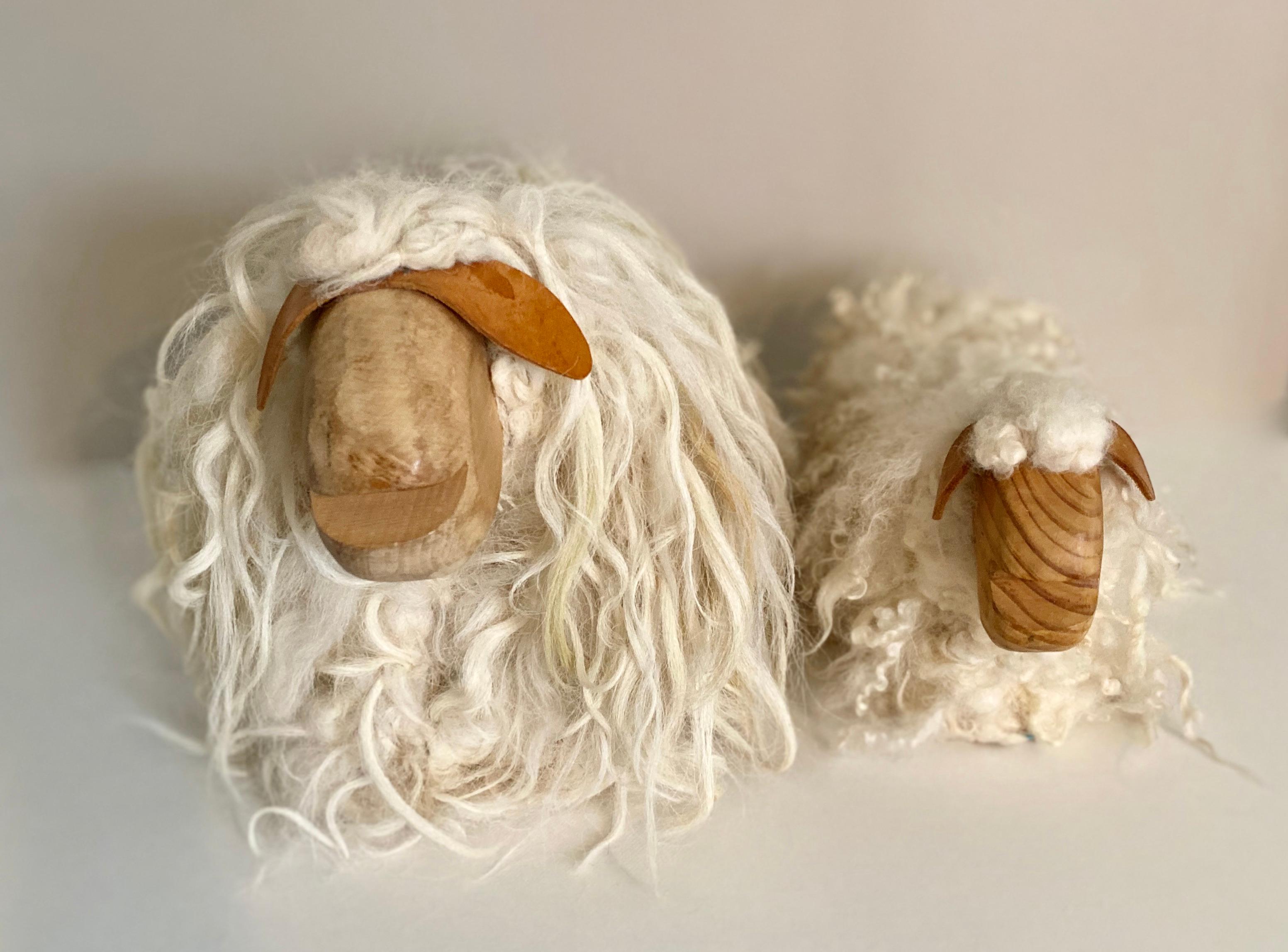 Late 20th Century Pair of French Handcrafted Wood and Wool Decorative Sheep For Sale