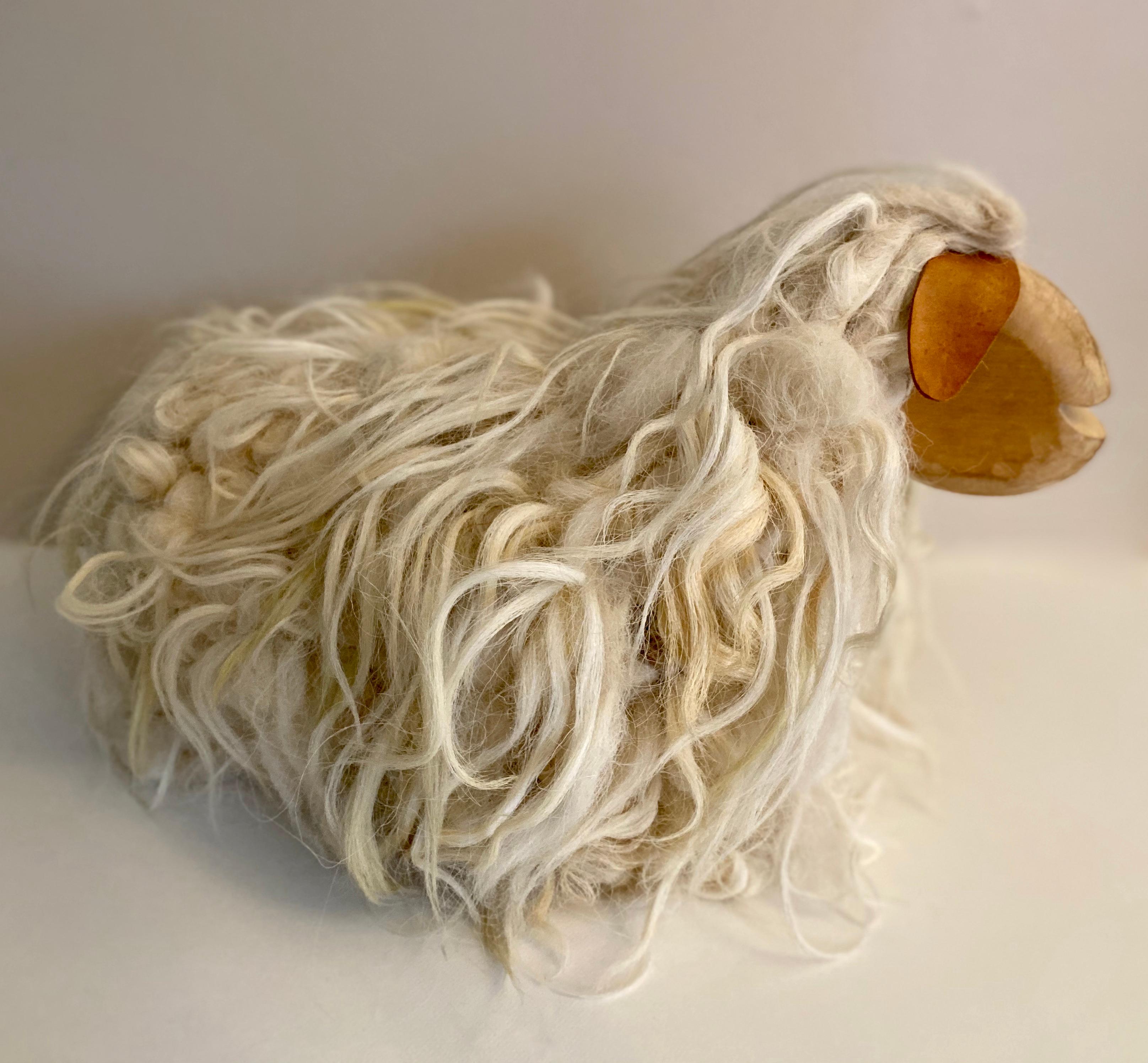 Pair of French Handcrafted Wood and Wool Decorative Sheep For Sale 2