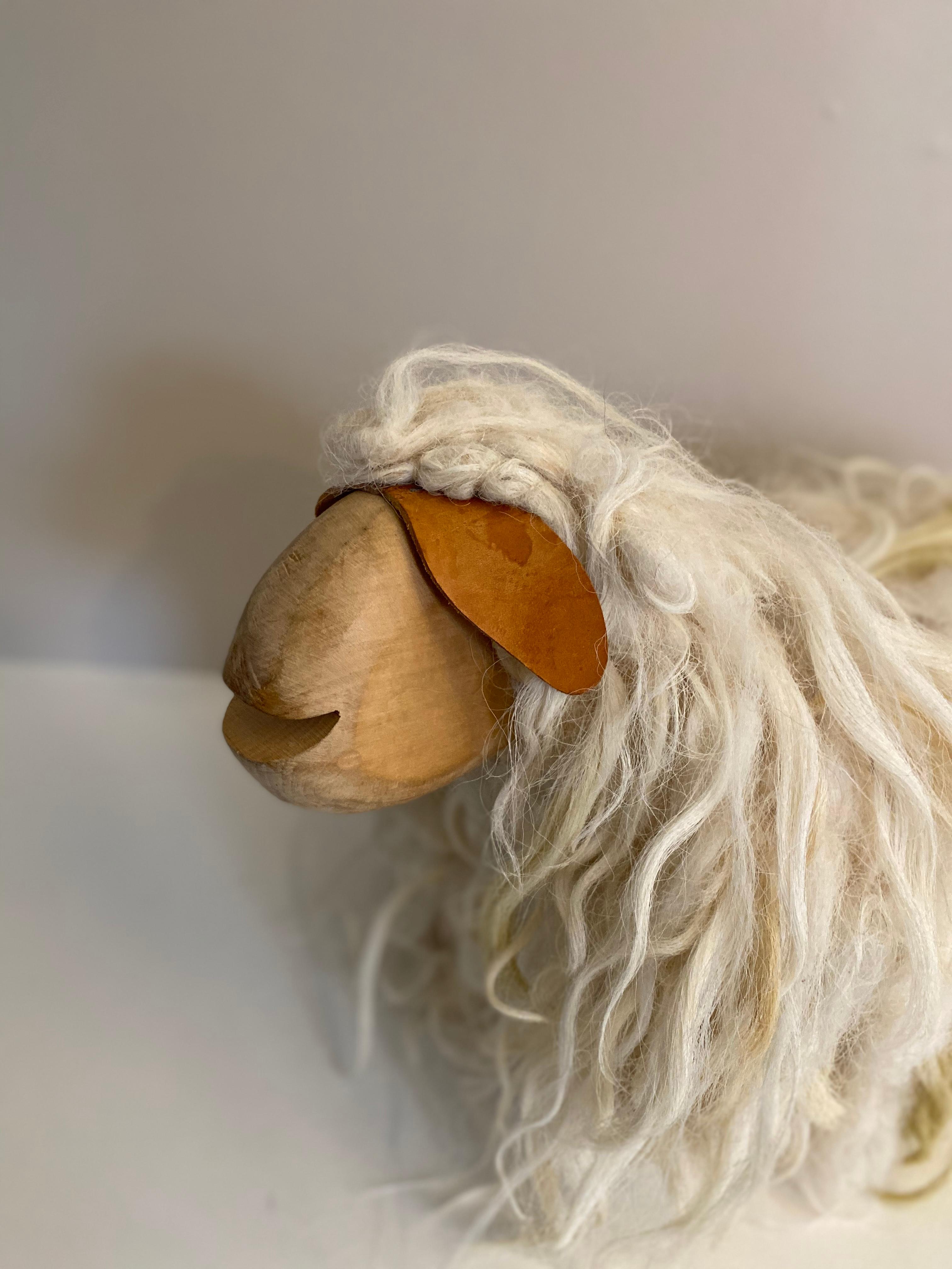 Pair of French Handcrafted Wood and Wool Decorative Sheep For Sale 3
