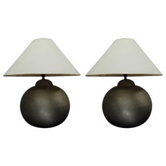 Retro Pair of French Hand-Hammered Brass & Matte Nickel Table Lamps, Jean-Michel Frank