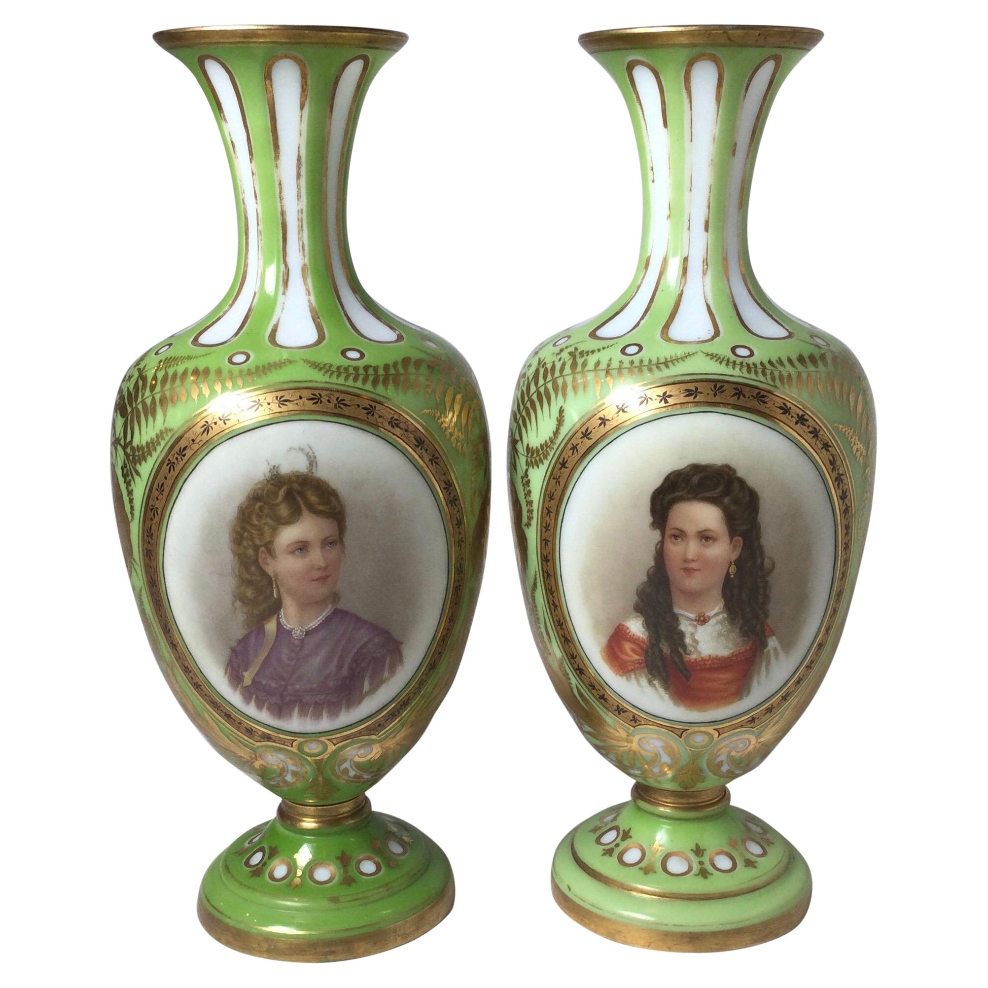 Pair of French Hand Painted and Gilt Opaline Vases, 19th Century