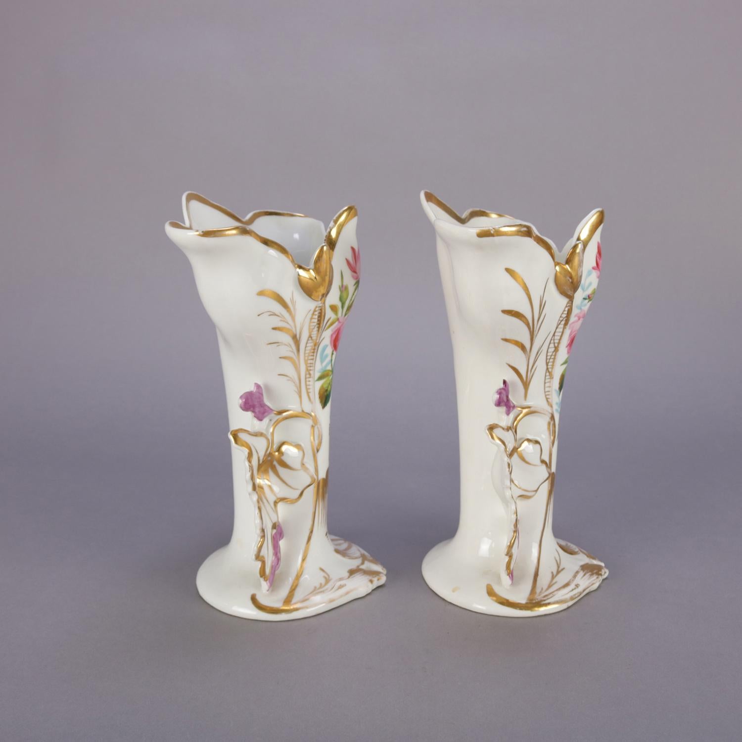 Victorian Pair of French Hand Painted and Gilt Porcelain Old Paris Spill Vases, circa 1880
