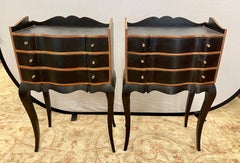 Pair of French Hand Painted Black and Gold Three Drawer End Tables Night Stands