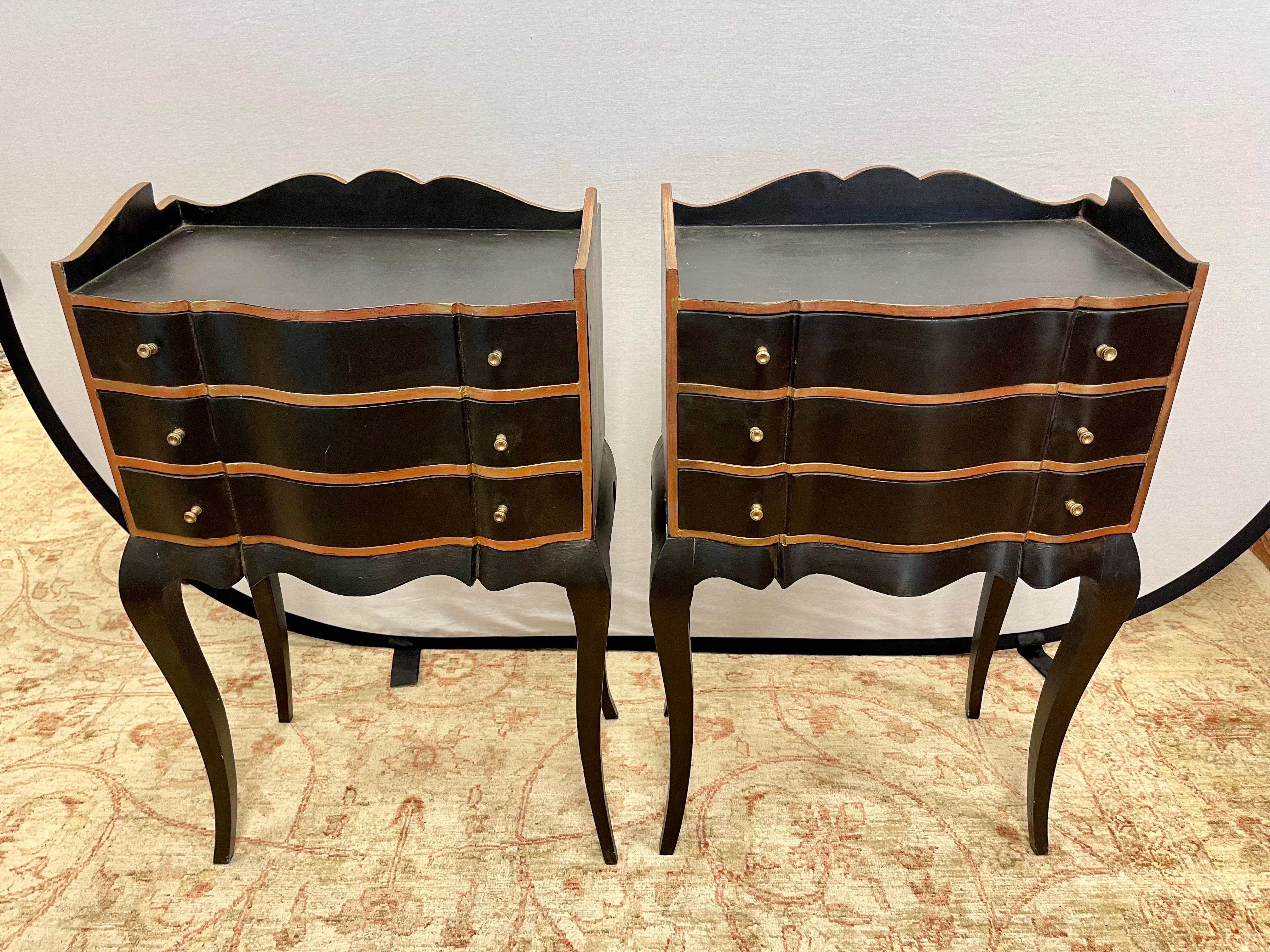 Louis XVI Pair of French Hand Painted Black and Gold Three Drawer End Tables Night Stands