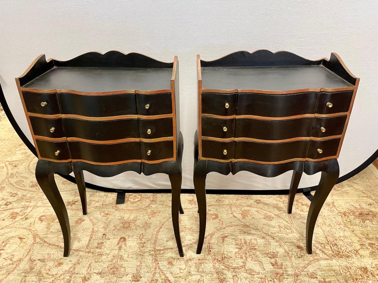 Louis XVI Pair of French Hand Painted Black and Gold Three Drawer End Tables Night Stands For Sale