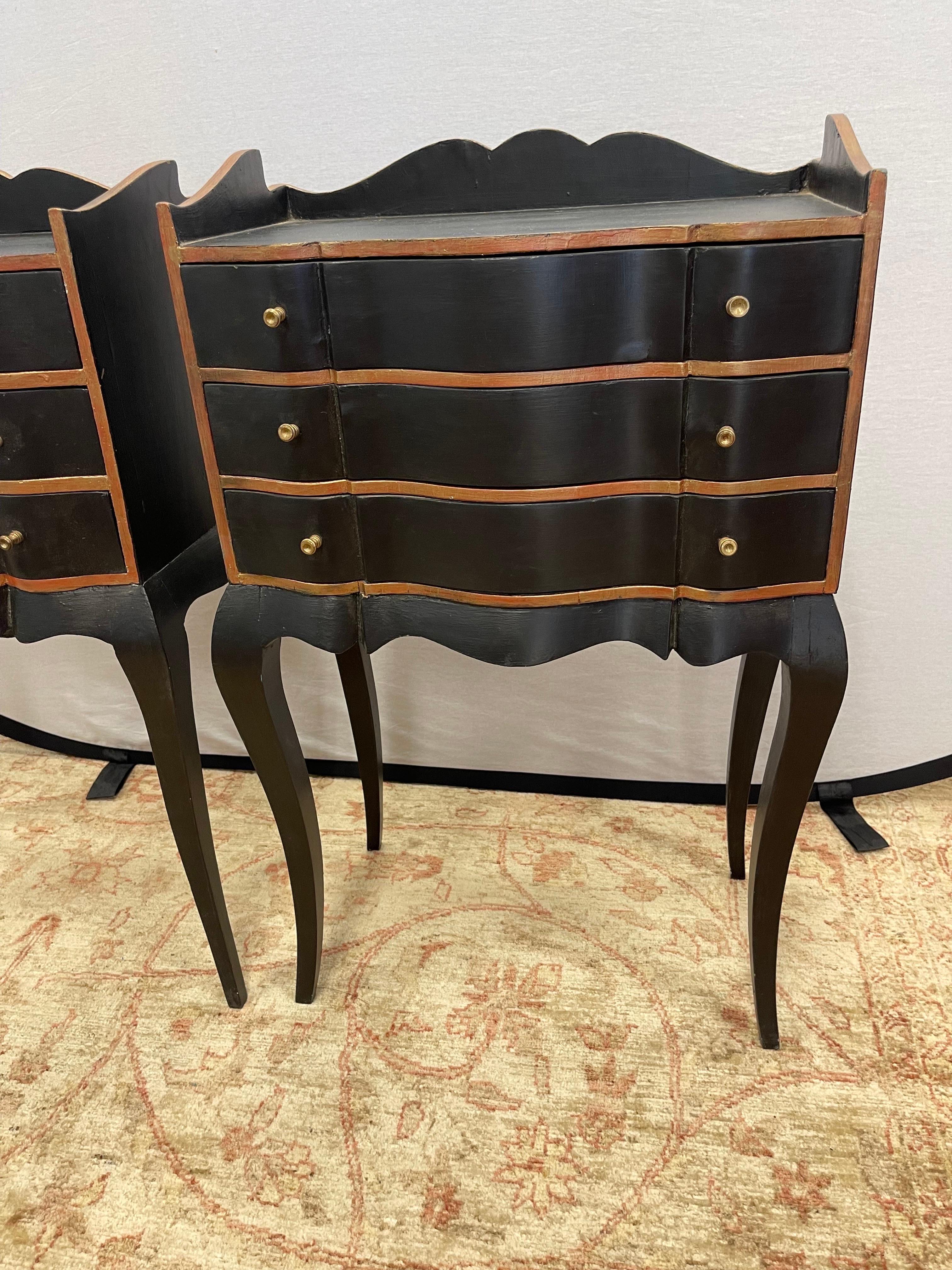Pair of French Hand Painted Black and Gold Three Drawer End Tables Night Stands In Good Condition In West Hartford, CT