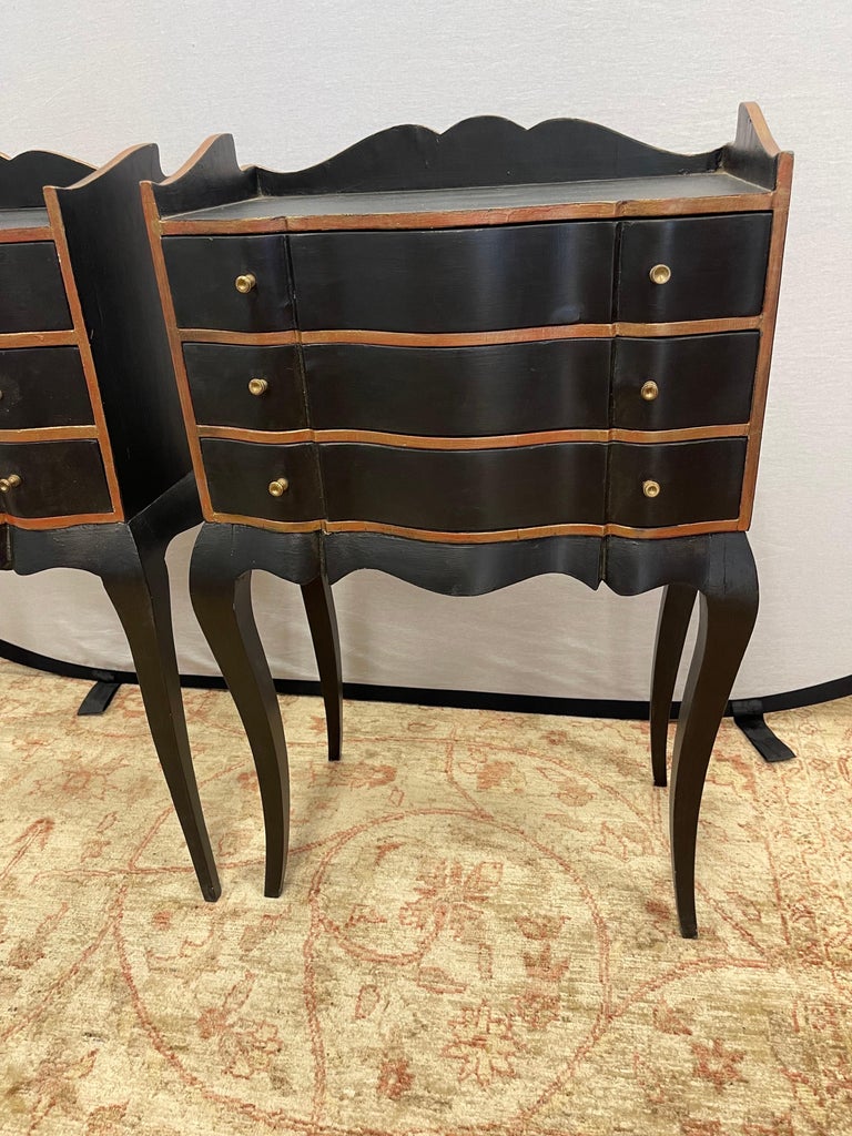 Pair of French Hand Painted Black and Gold Three Drawer End Tables Night Stands In Good Condition For Sale In West Hartford, CT