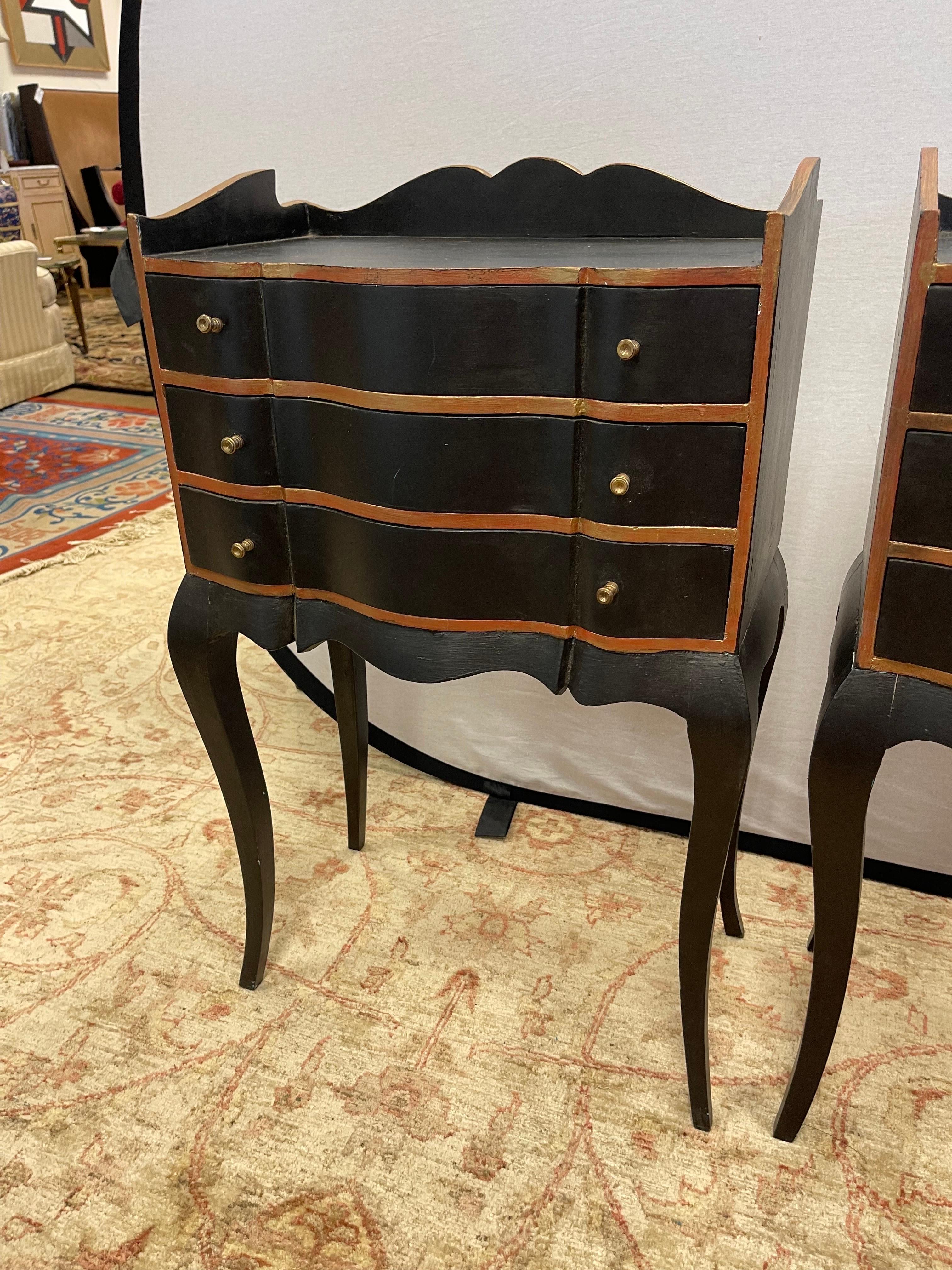 20th Century Pair of French Hand Painted Black and Gold Three Drawer End Tables Night Stands