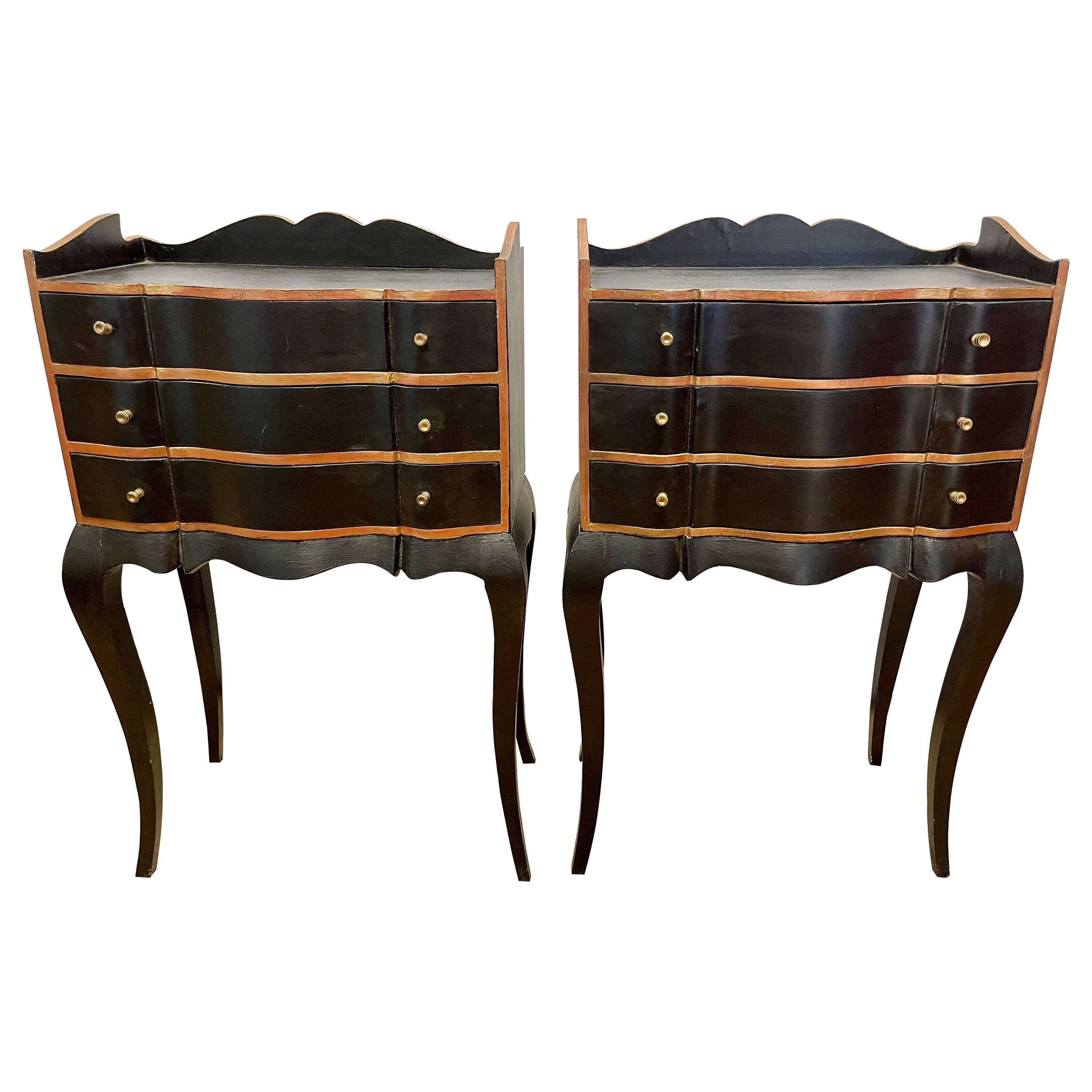 Pair of French Hand Painted Black and Gold Three Drawer End Tables Night Stands