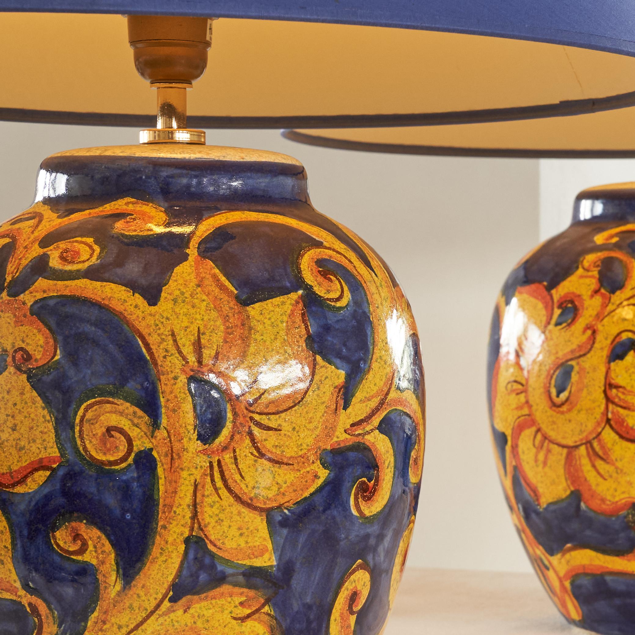 Hand-Painted Pair of French Hand Painted Ceramic Table Lamps with Floral Decor 1980s For Sale