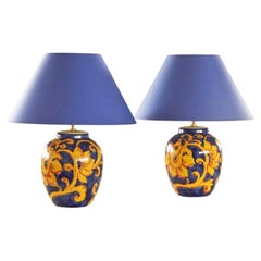 Pair of French Hand Painted Ceramic Table Lamps with Floral Decor 1980s