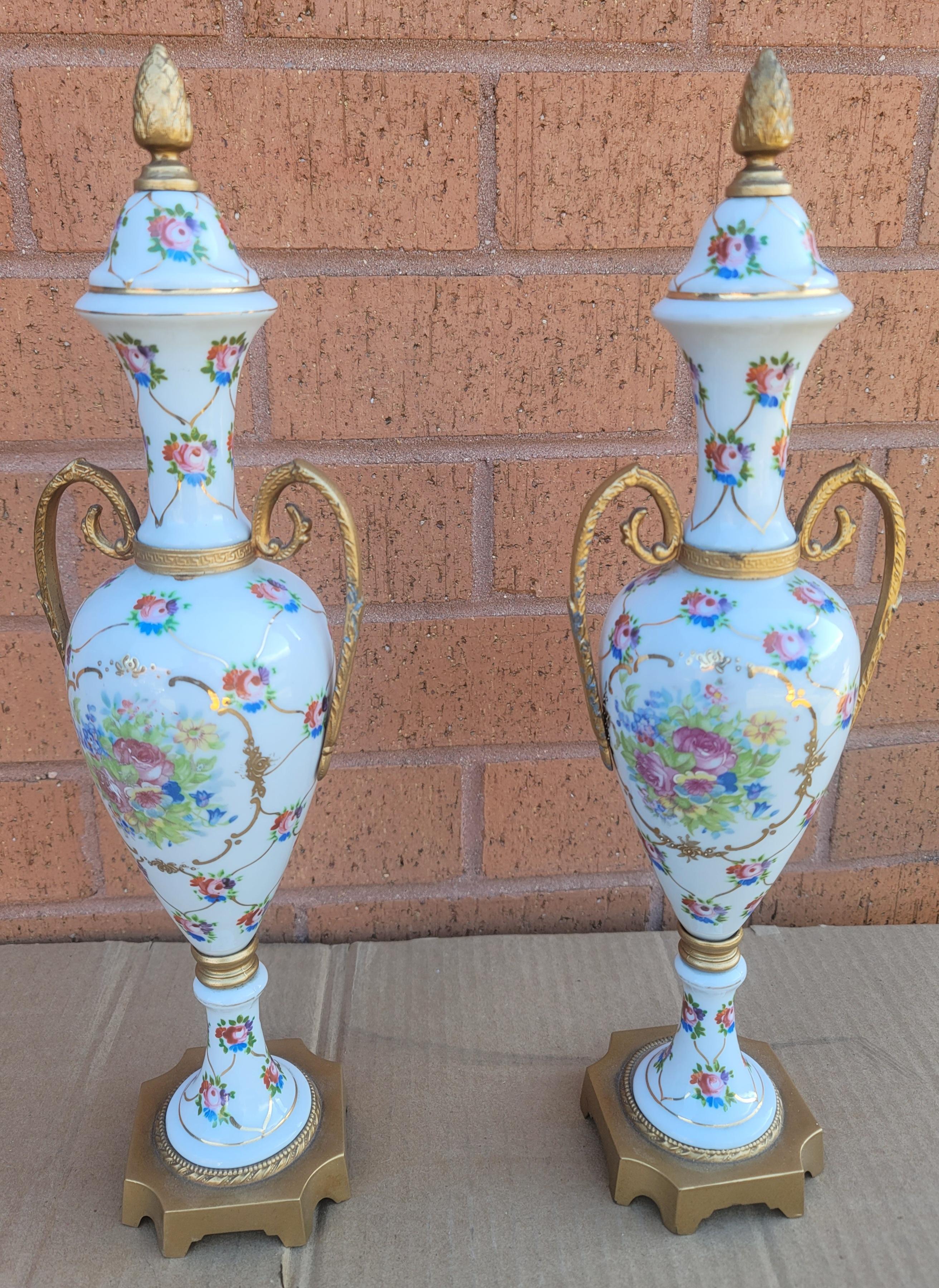 Mid-Century Modern Pair of French Hand-Painted Porcelain and Gilt Metal Amphoras For Sale