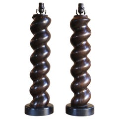 Pair of French Hand-Turned Oak Barley Twist Table Lamps