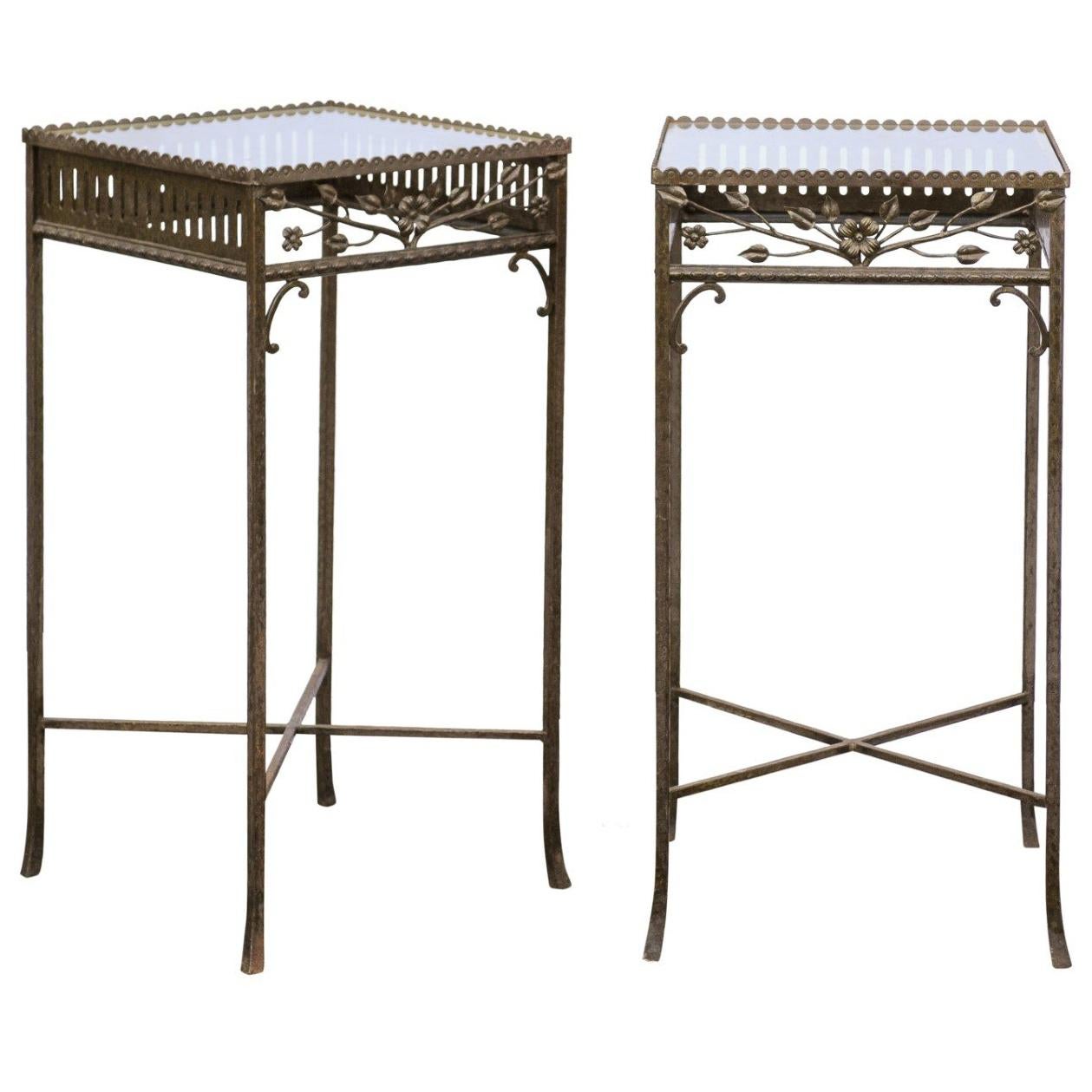 Pair of French Hand-Wrought Iron Side Tables with Floral Motifs, circa 1900