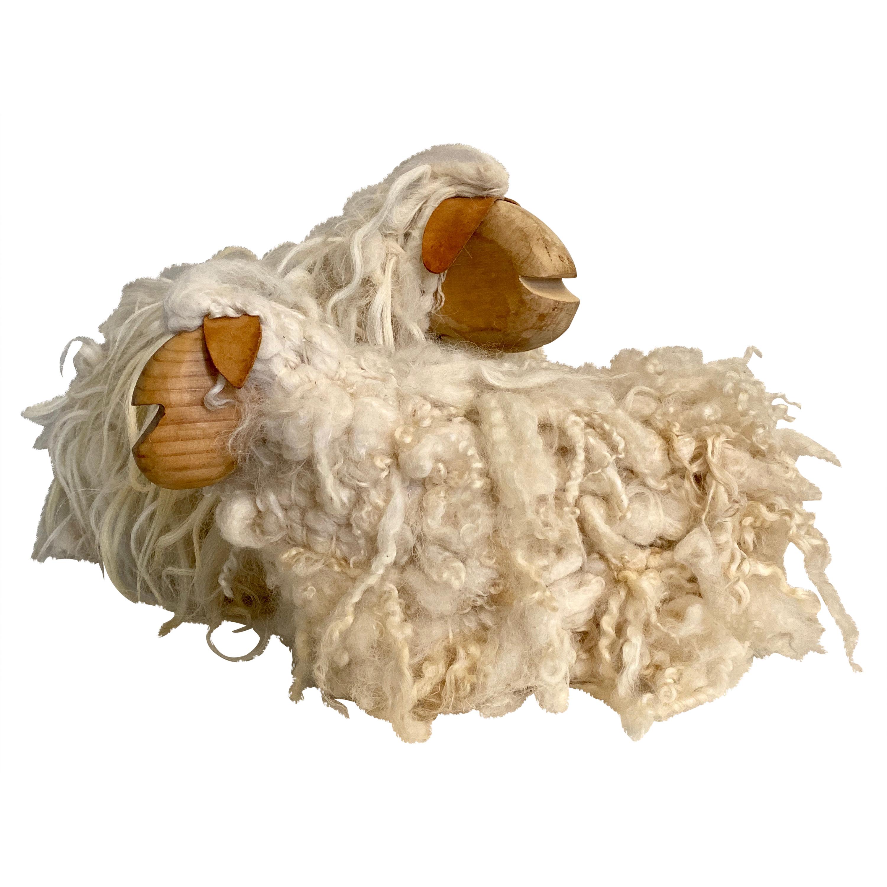 Pair of French Handcrafted Wood and Wool Decorative Sheep For Sale
