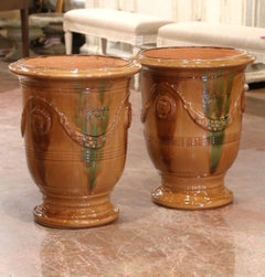 Pair of French Handmade Glazed Terracotta Anduze Planters by La Madeleine