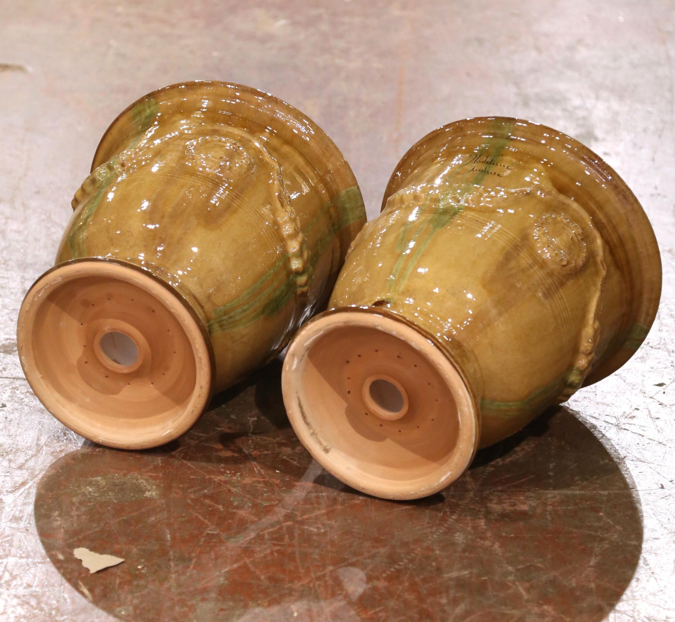 Pair of French Handmade Glazed Terracotta Planters by La Madeleine in Anduze For Sale 5