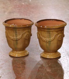 Pair of French Handmade Glazed Terracotta Planters by La Madeleine in Anduze