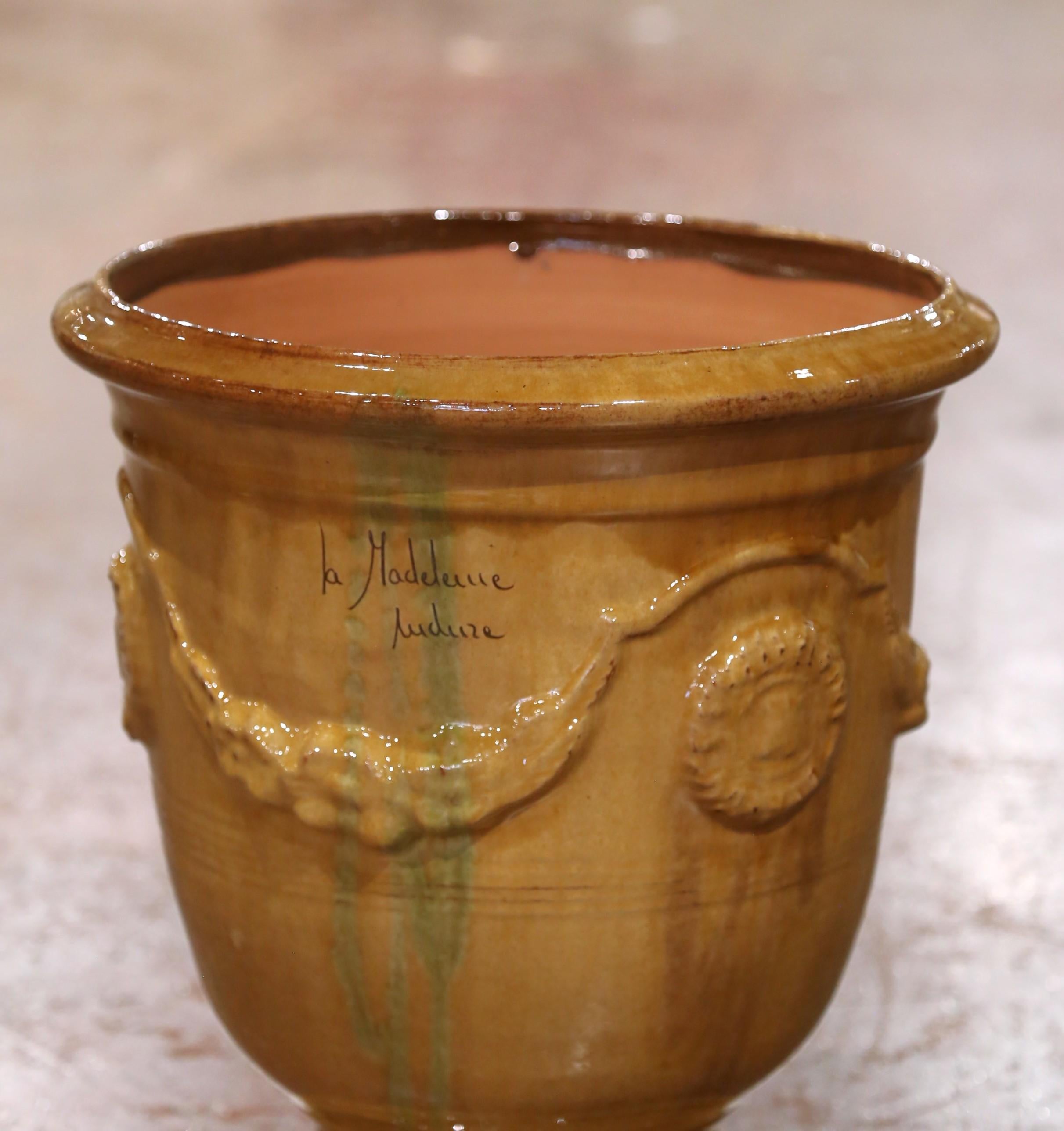 Pair of French Handmade Glazed Terracotta Planters by La Madeleine in Anduze In Excellent Condition For Sale In Dallas, TX