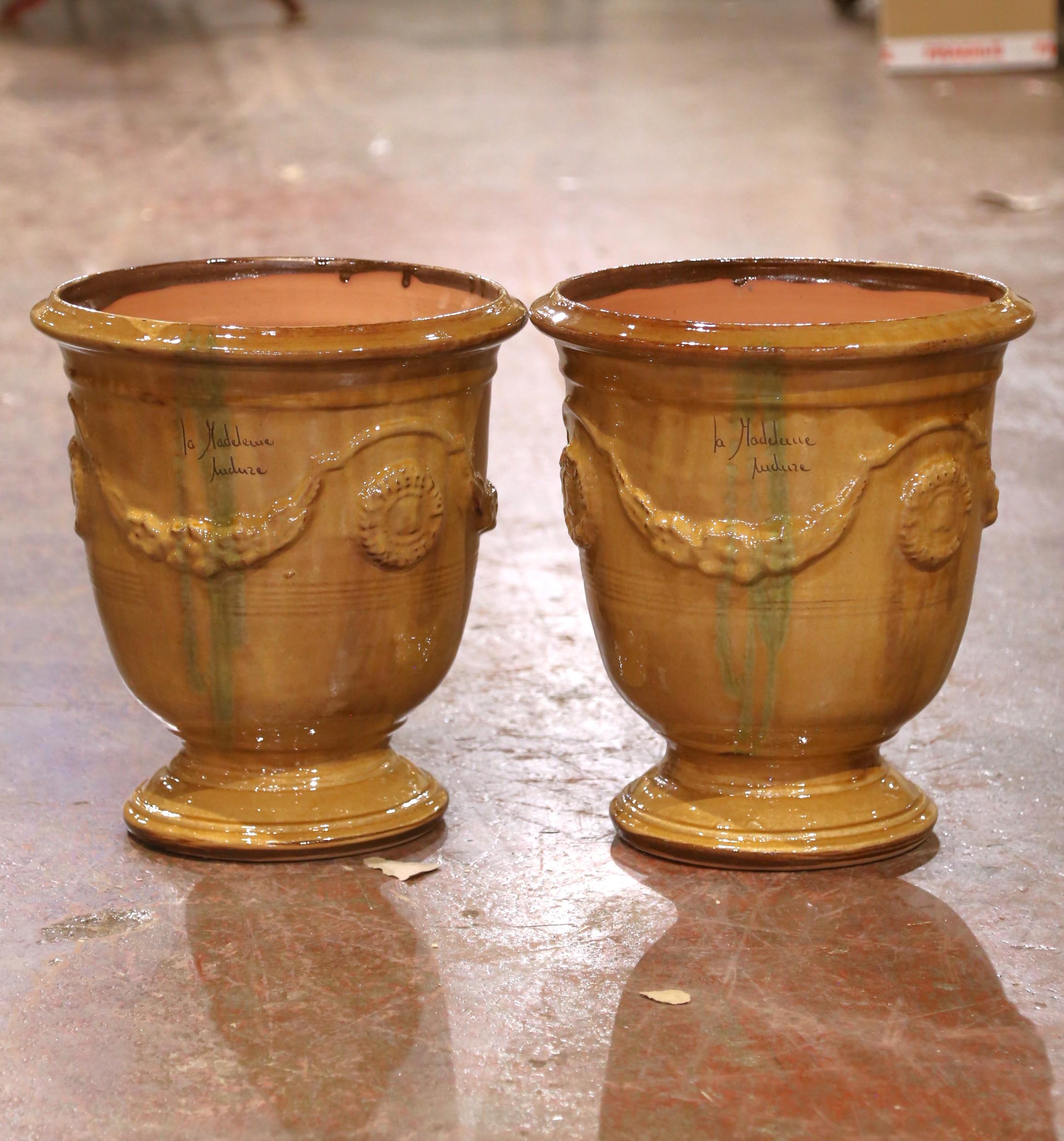 Contemporary Pair of French Handmade Glazed Terracotta Planters by La Madeleine in Anduze For Sale