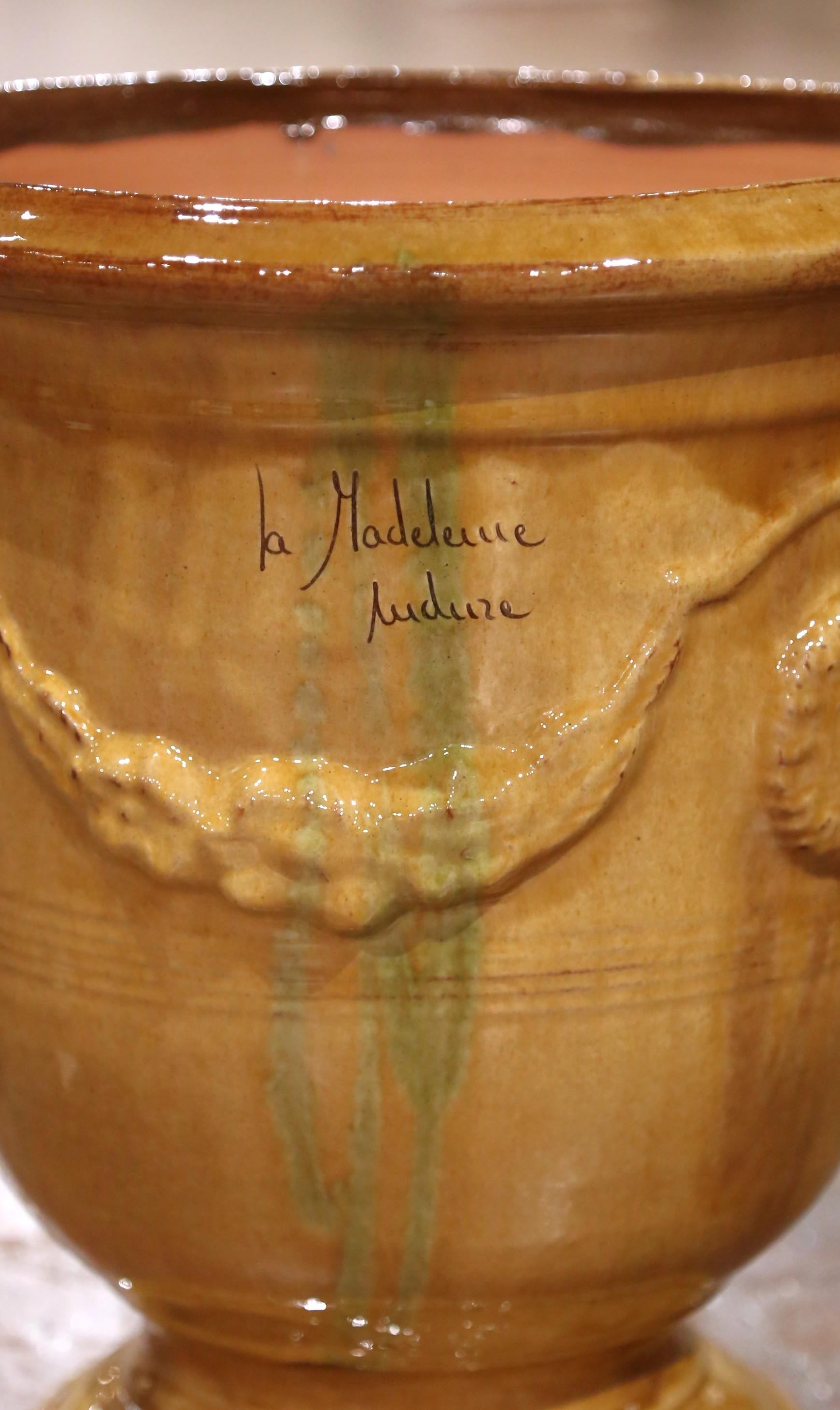 Pair of French Handmade Glazed Terracotta Planters by La Madeleine in Anduze For Sale 2