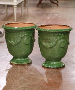 Pair of French Handmade Green Glazed Terracotta Anduze Planters by La Madeleine