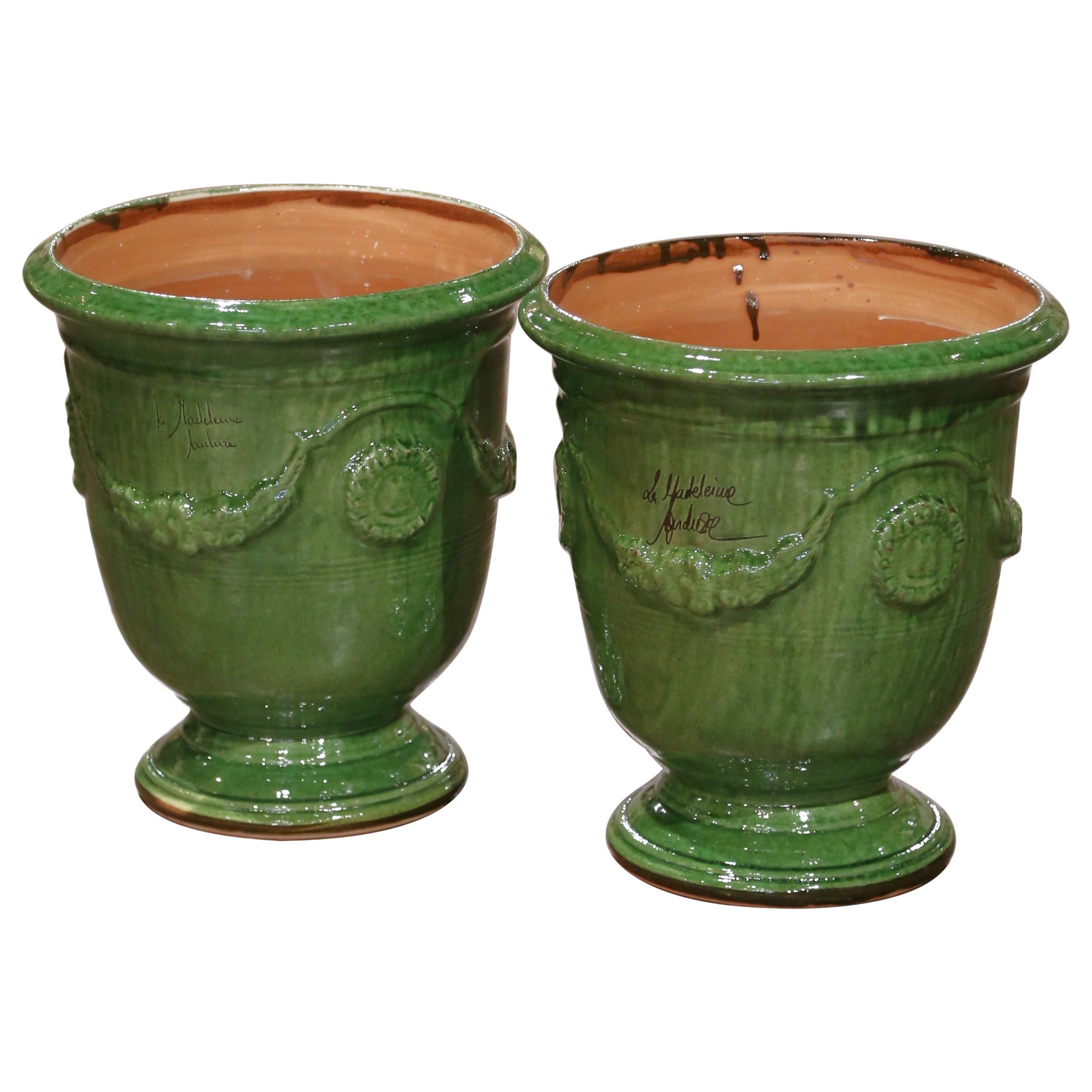 Pair of French Handmade Green Glazed Terracotta Anduze Planters by La Madeleine