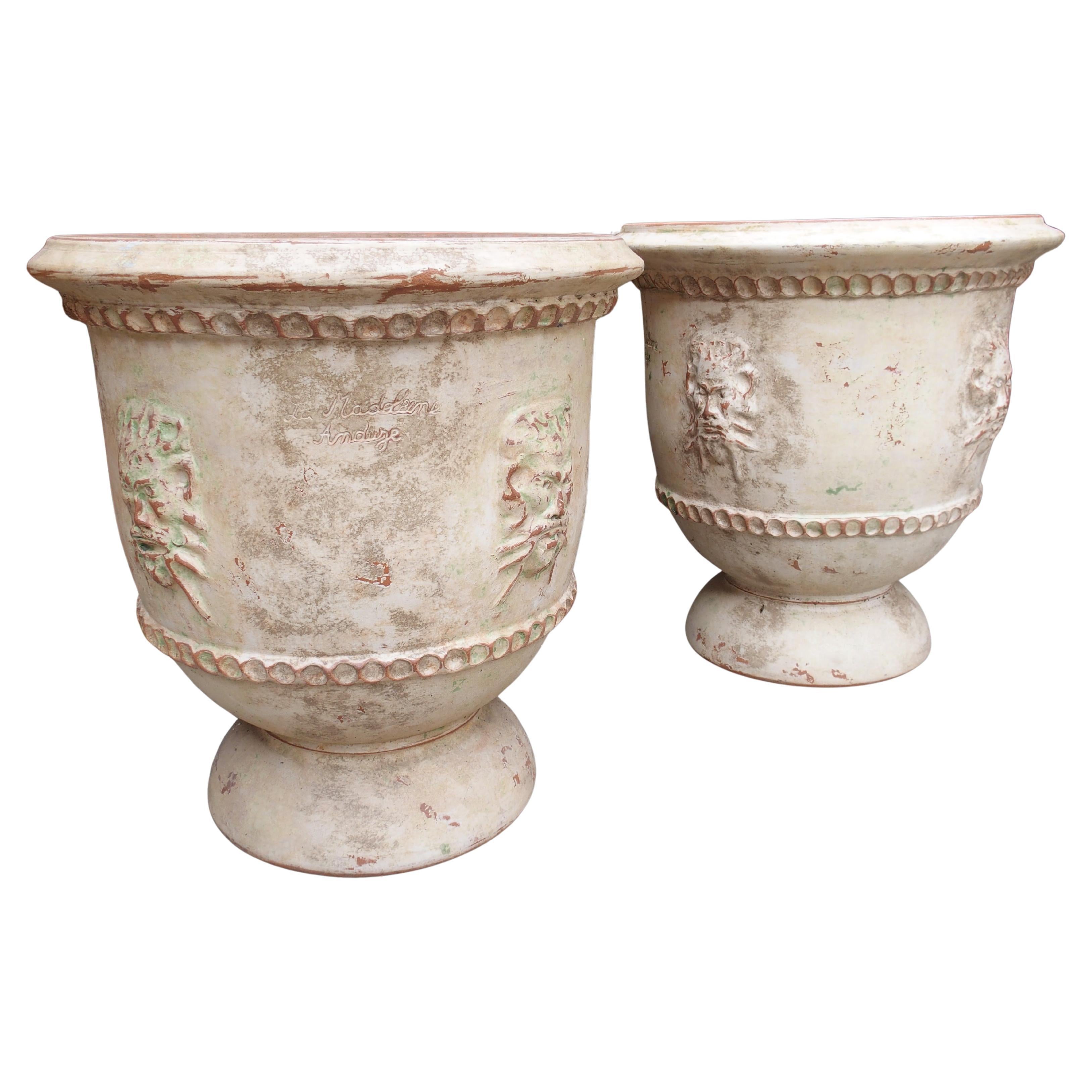 Pair of French Handmade Terracotta Anduze Planters with Satyre Masks For Sale