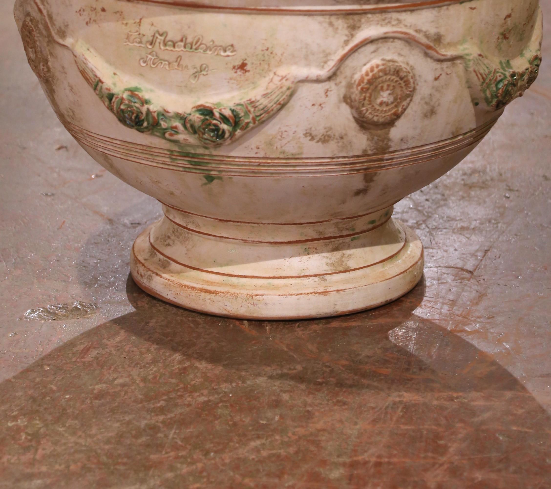 Vernissé Pair of French Handmade Terracotta Bowl Urn Planters by La Madeleine in Anduze en vente