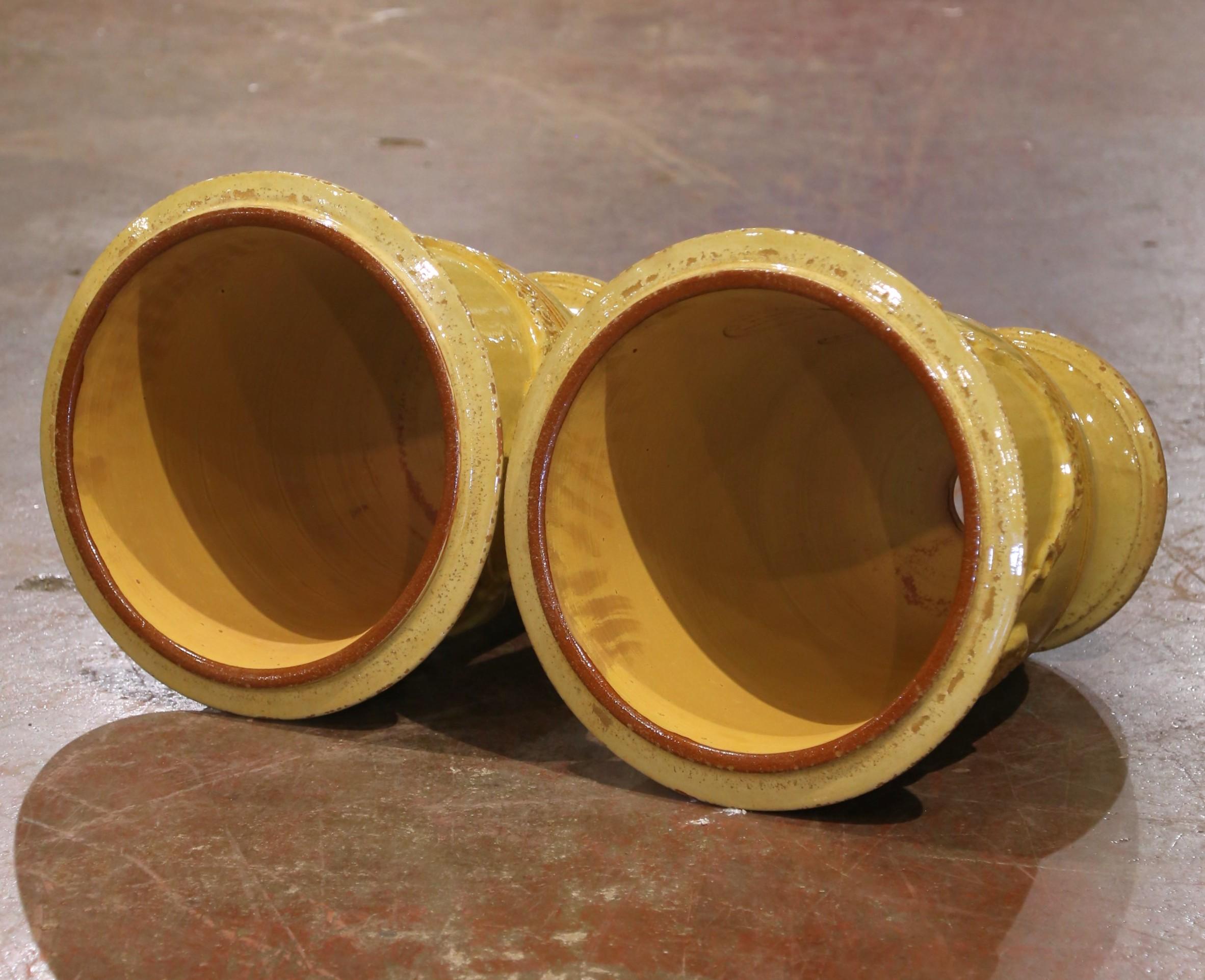 Pair of French Handmade Yellow Glazed Terracotta Anduze Planters by La Madeleine For Sale 6