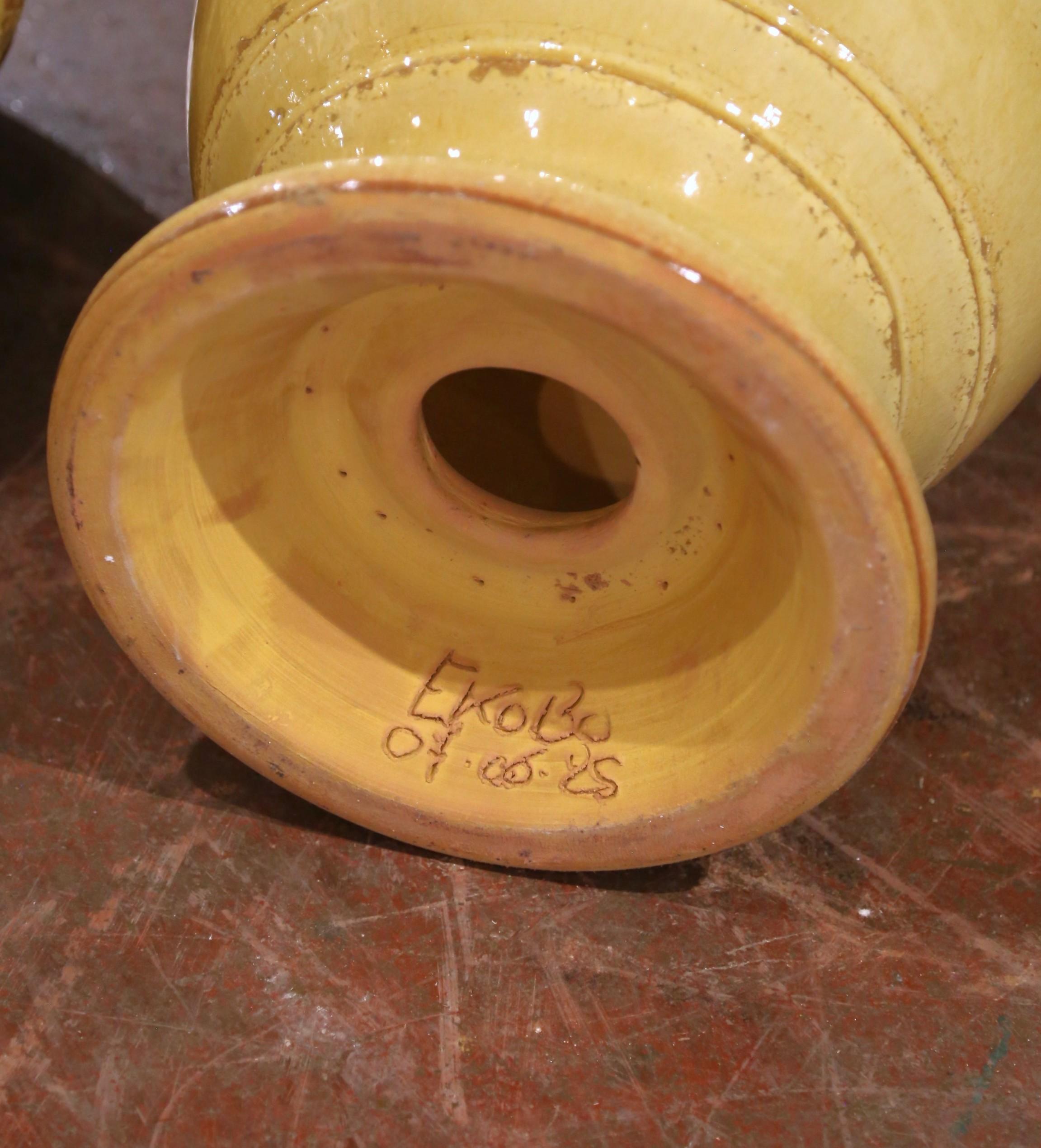 Pair of French Handmade Yellow Glazed Terracotta Anduze Planters by La Madeleine For Sale 7