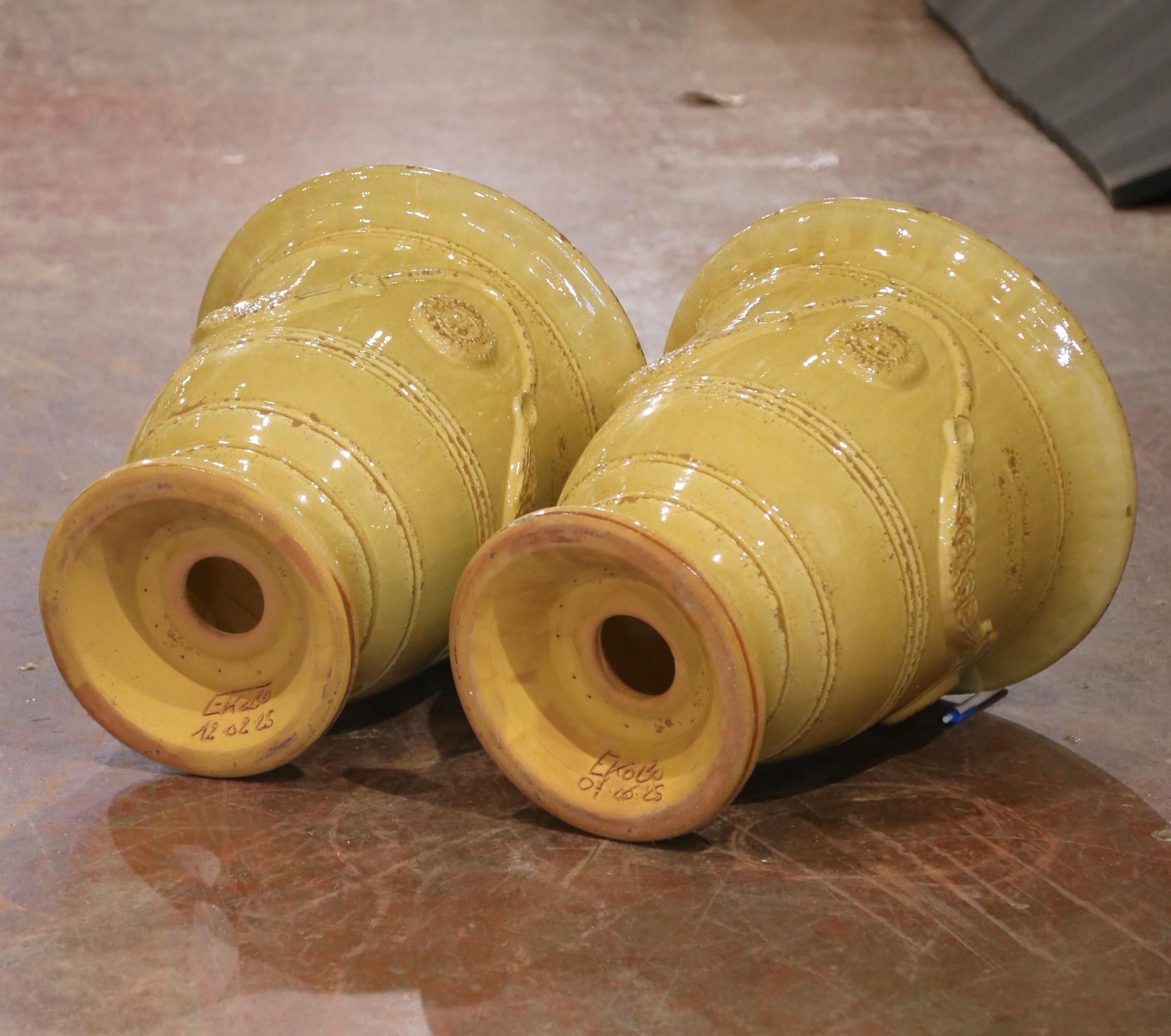 Pair of French Handmade Yellow Glazed Terracotta Anduze Planters by La Madeleine For Sale 8